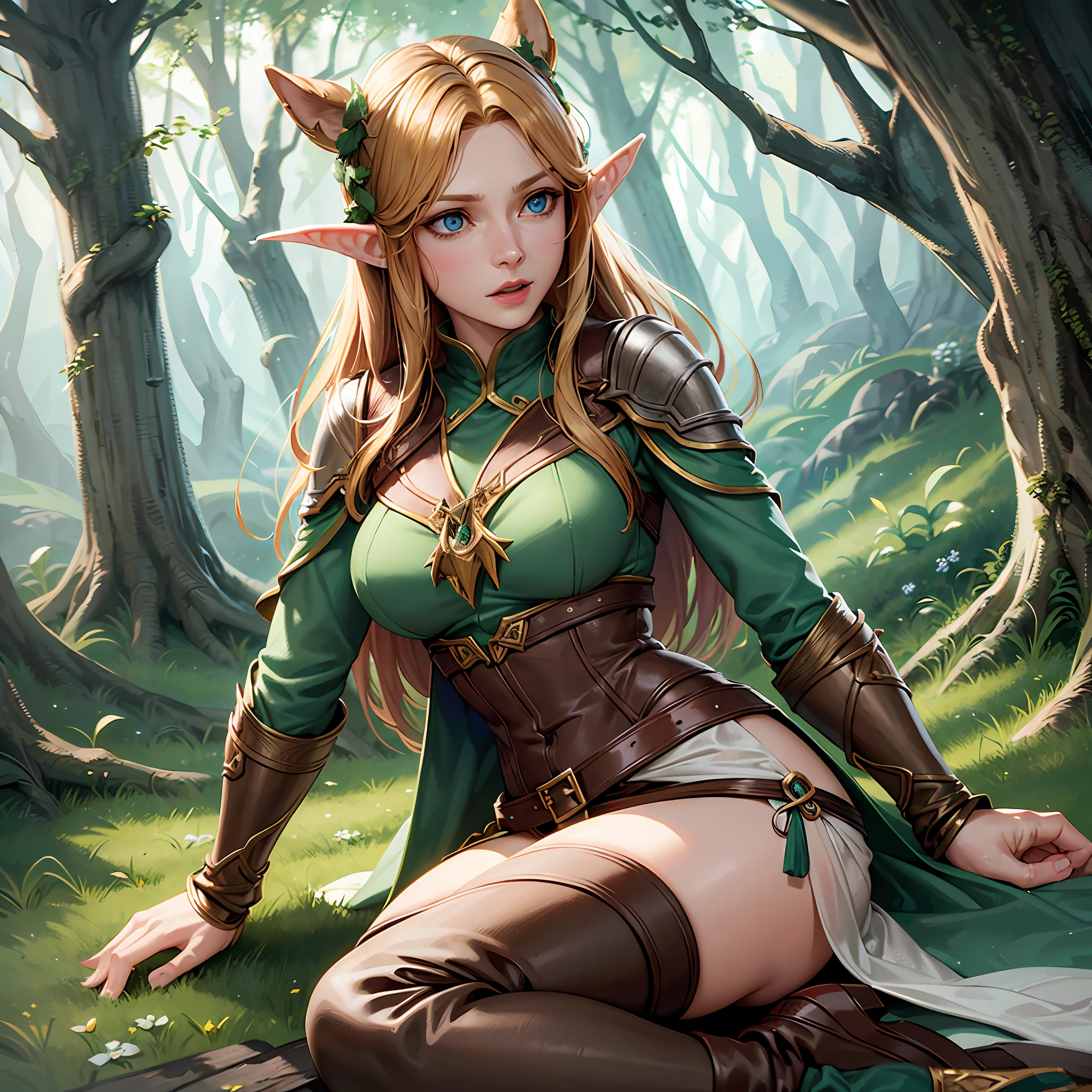 "Tauriel, the elf from The Hobbit movie", best quality, ultra-detailed CG unity 8k wallpaper, floating, high resolution, dynamic pose, beautiful face, (blue eyes:1.2, yellow hair:1.3, green clothes), depth of field, white forest, golden leaves, magic light)