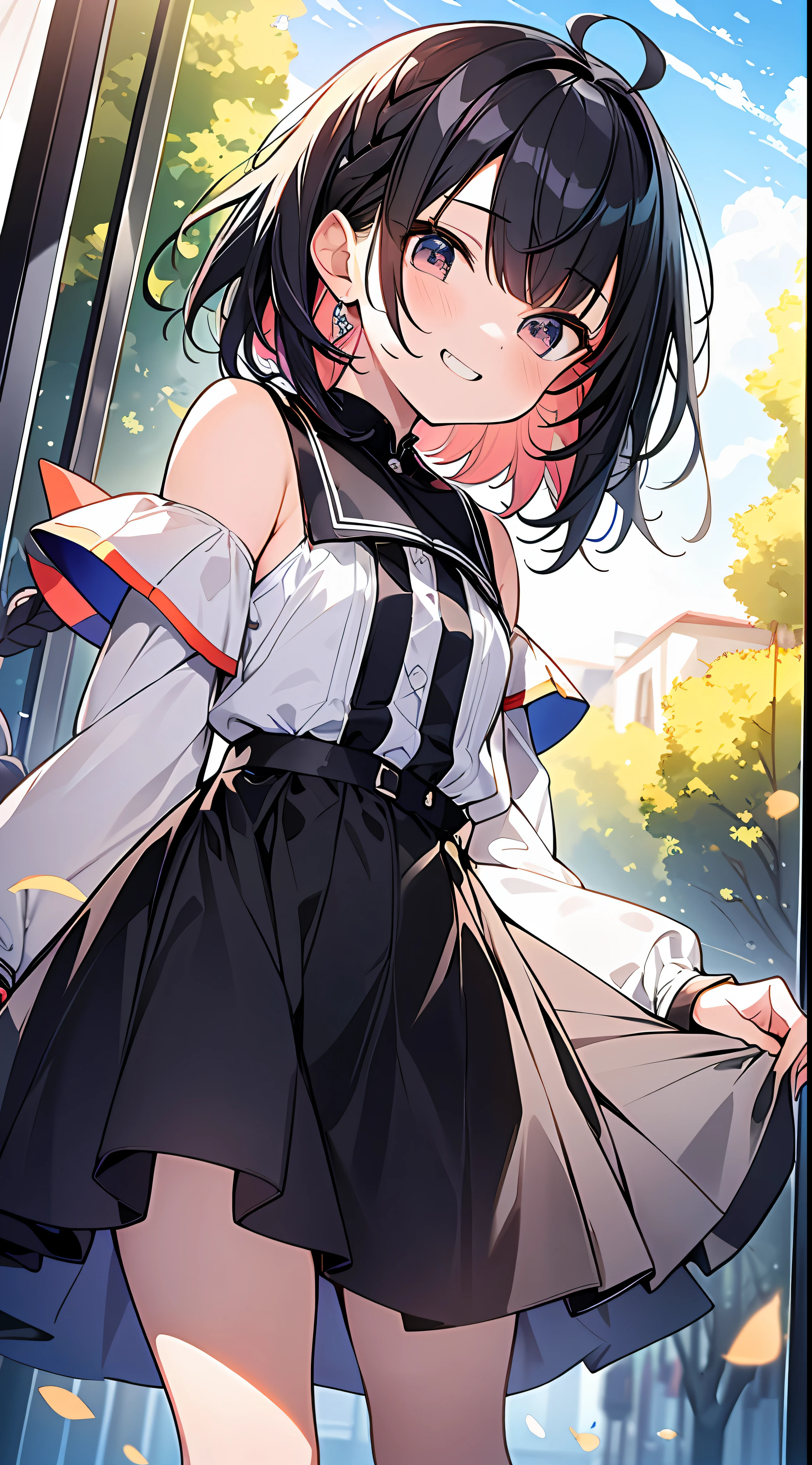 Top quality, masterpiece, high resolution, 8k, small li in anime style of ultra-colored shirt and skirt, one person, detailed line art, bright white and bright amber style, digital enhancement, anime core, flowing fabric, close-up, hair length to shoulder mouth and short braid, beautiful black hair, showing teeth and smiling, looking up angle