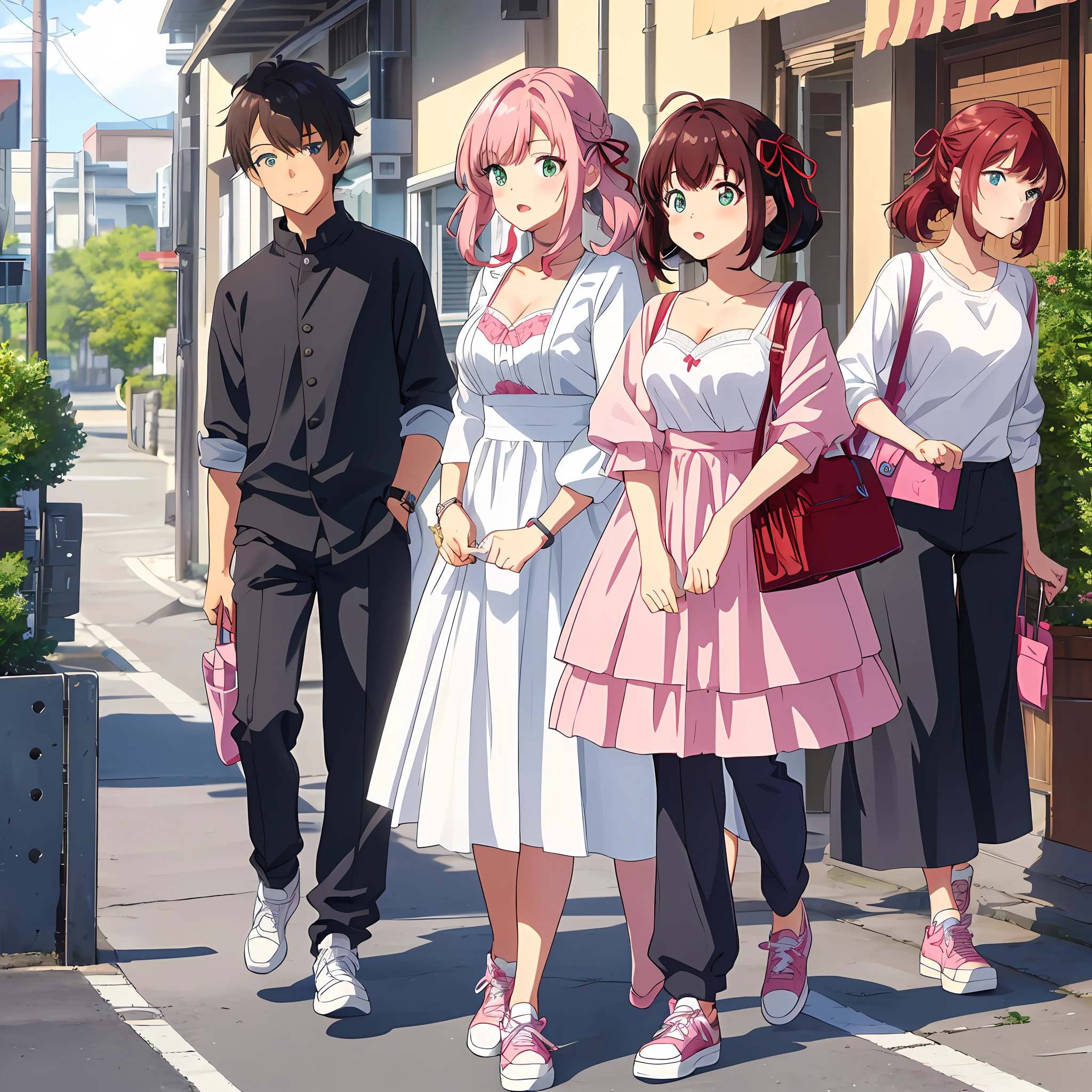 (Masterpiece, Super Detail, Best Quality, 8K, 32K, HDTV, Kyoto Animation Style Anime Illustration, Best Picture Official Art Function: 1.6), (Heterochromia, Blue and Green Eyes: 1.8), Shining (NSFW: 1.5), (Chibi: 1.8), (Caregiver, 1 Cute Girl, Solo, Standing, Watch Viewer, Upper Body, Frontal, Leaning Forward, Cute Open Mouth and Cute, makeup, cute, embarrassing: 1.3), (loli: 1.2), (cute: 1.5), (white shirt and black long pants with open front, bra visible, big, cleavage, loose red blouse: 1.5), touching breasts, (footwear: sneakers), (pale pink hair, braid, medium hair, hair ribbon, cute ribbon: 1.1), thin eyebrows,