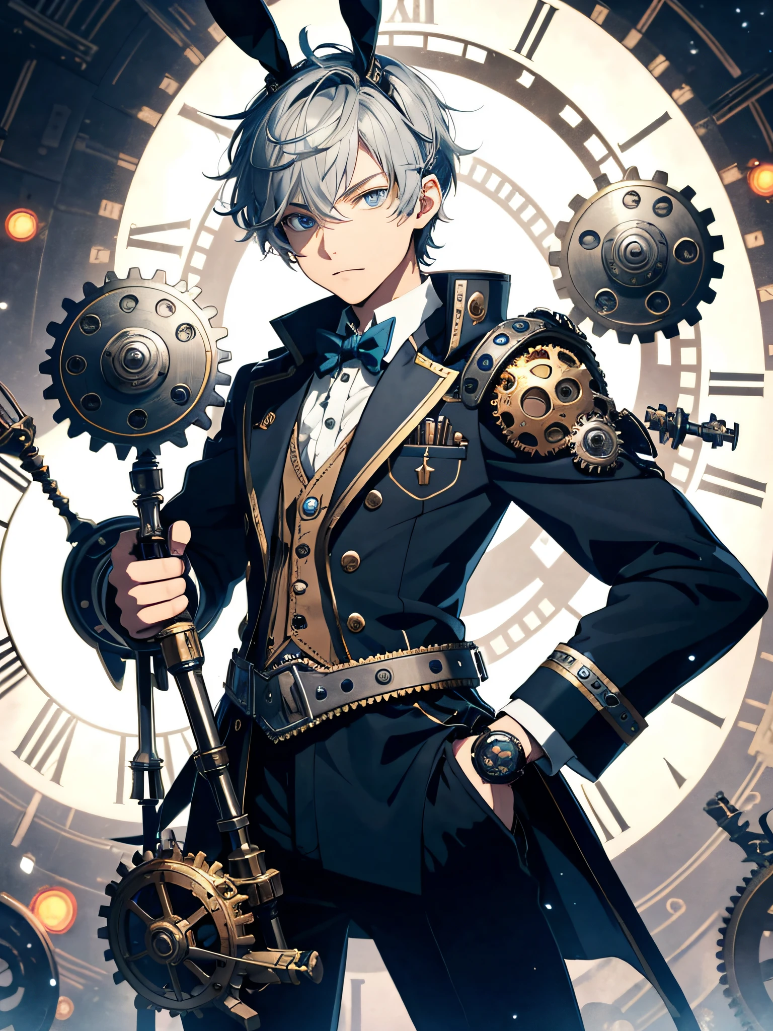 Solo, cute boy,steampunk, mechanical spear with giant gears and mechanical weapon with giant gears, mechanical armor and flat tones and limited colors and silver short hair blue eyes bunny ears cute boy is oversized tech Wearing a butler costume and a huge mechanical weapon and a huge clock