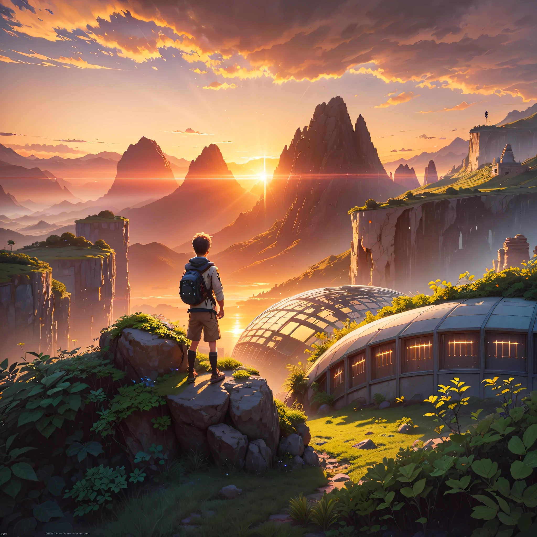 A boy in the foreground looks at a large futuristic building covered in plants, lots of rocks hang around and large mountains in the distance are illuminated by a bright and energetic sunset, ships fly in the sky and golden clouds make the scene a true realistic experience. --auto --s2