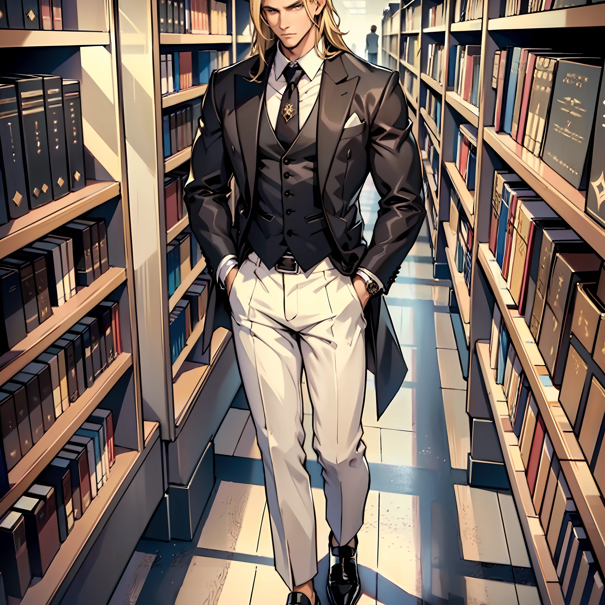Gorgeous man, strong physique, black colored social blouse, long white pants, black colored social shoes, blonde hair split in the middle, straight hair, brown colored eyes, slender appearance, elegant, library scenery, brown tie, indifferent look, ancient kingdom, man in his 40s.