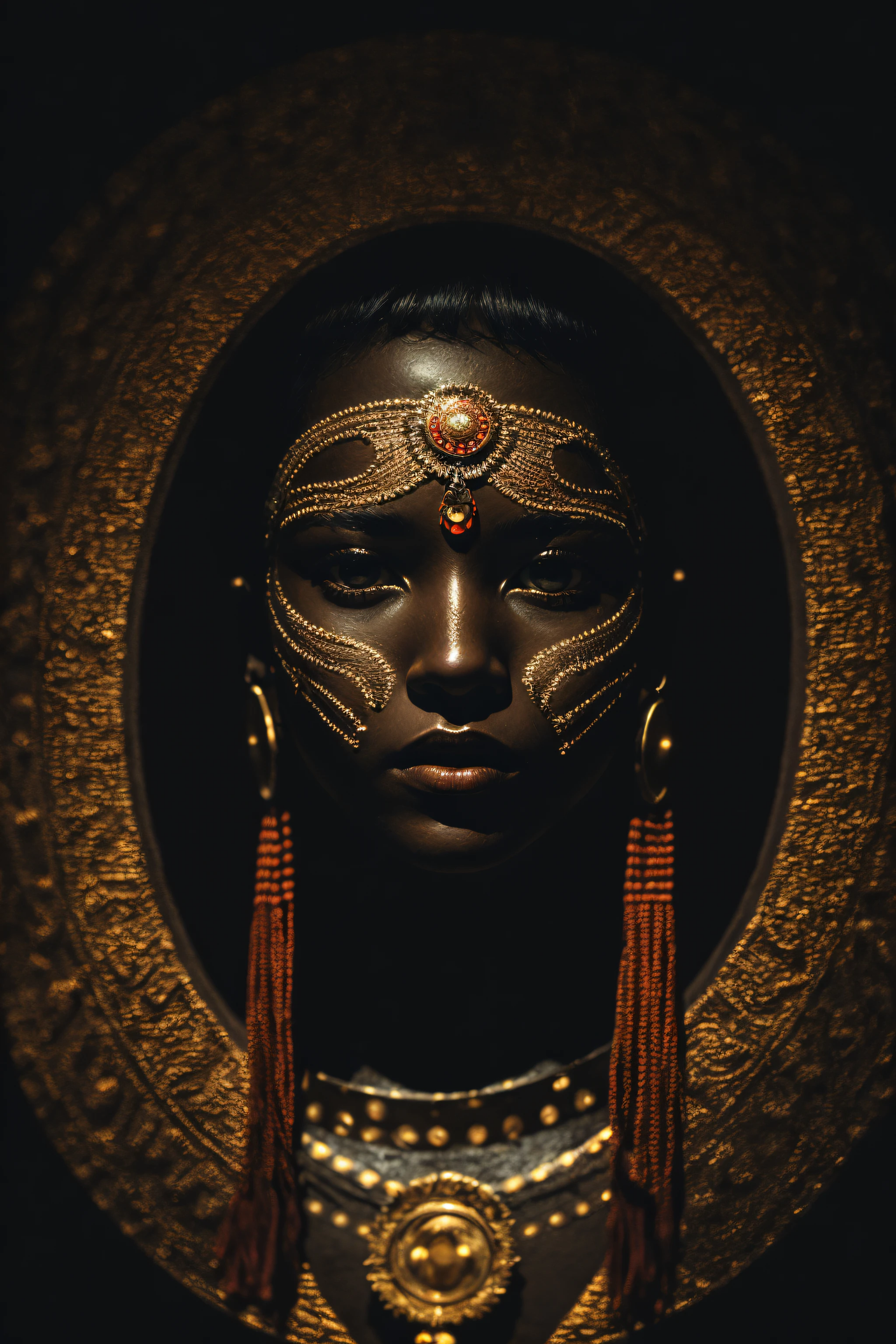 1 young and beautiful woman warrior of  aztec empire, dark chamber, dim light
(35mmstyle:1.1), front, masterpiece, 1970s film, , cinematic lighting, photorealistic, high frequency details, 35mm film, (film grain), film noise,