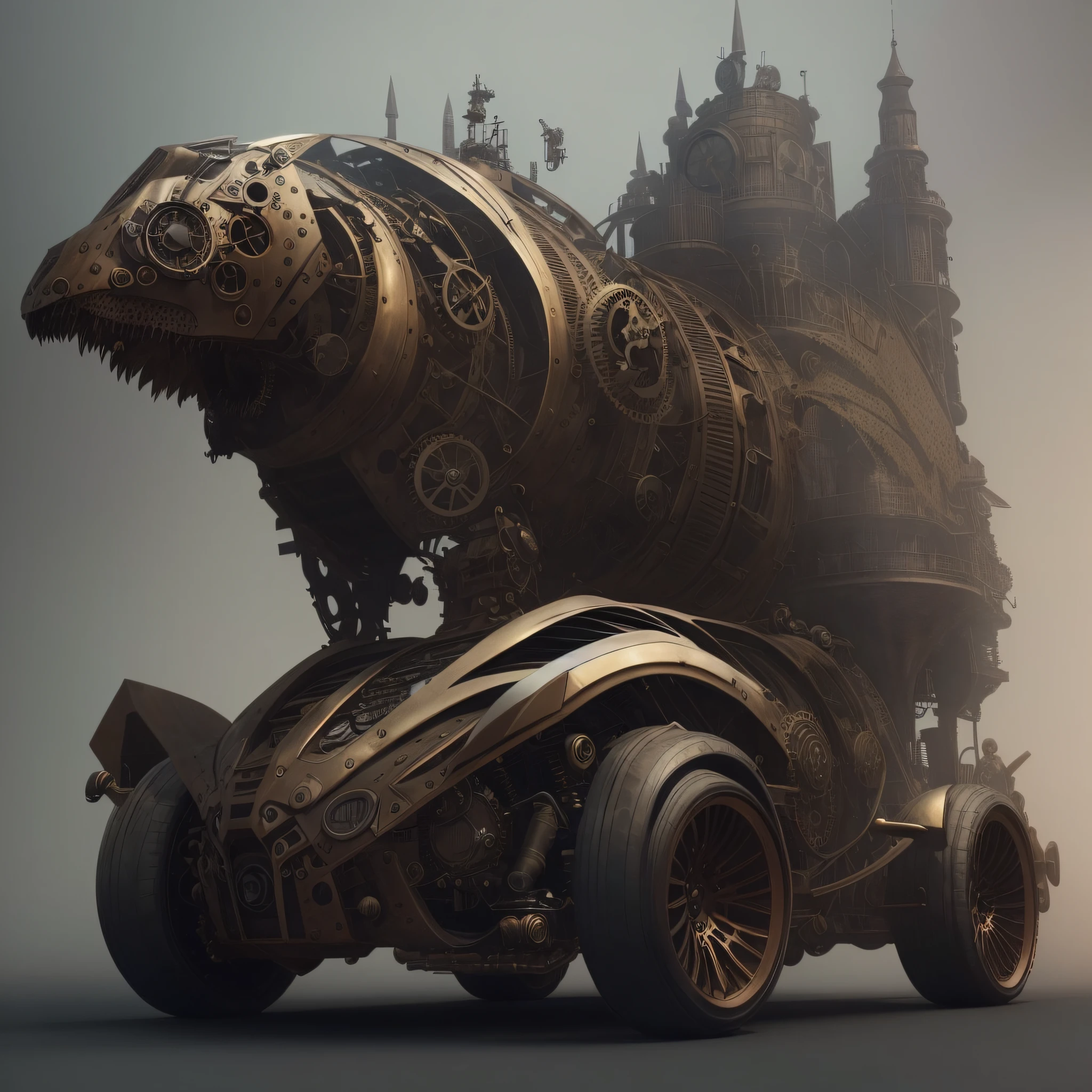 there is a very large animal car with a huge body, highly realistic concept art, rolands zilvinskis 3d render art, steampunk car, concept design art octane render, steampunk concept art, concept art design illustration, amazing concept art, photorealistic dark concept art, stunning photo real concept art, anime art vehicle concept art, digital steampunk art, a steampunk tyrannosaurus --auto --s2
