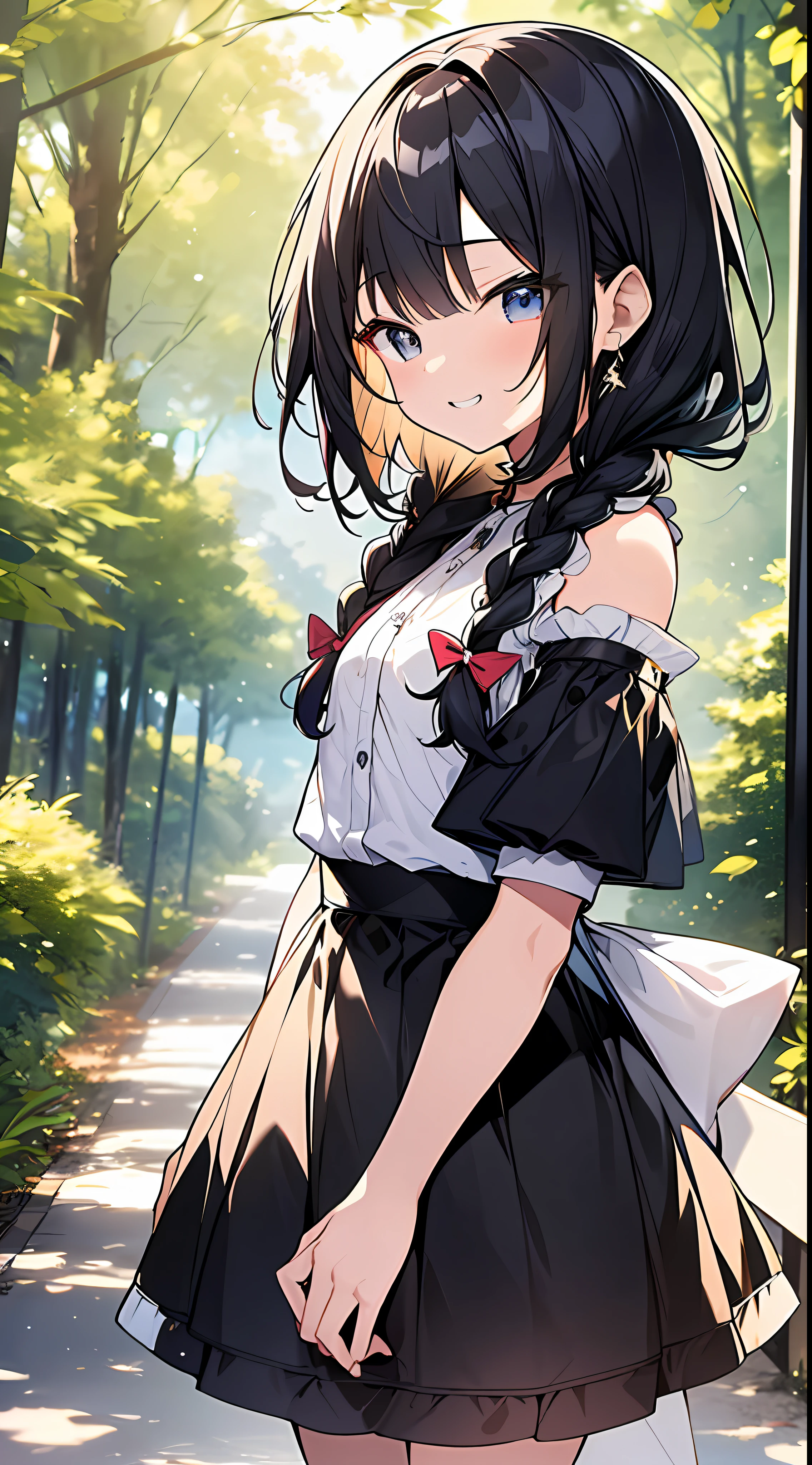 Top quality, masterpiece, high resolution, 8k, small li in anime style of ultra-colored shirt and skirt, one person, detailed line art, bright white and bright amber style, digital enhancement, anime core, flowing fabric, close-up, hair length to shoulder mouth and short braid, beautiful black hair, showing teeth and smiling, looking up angle