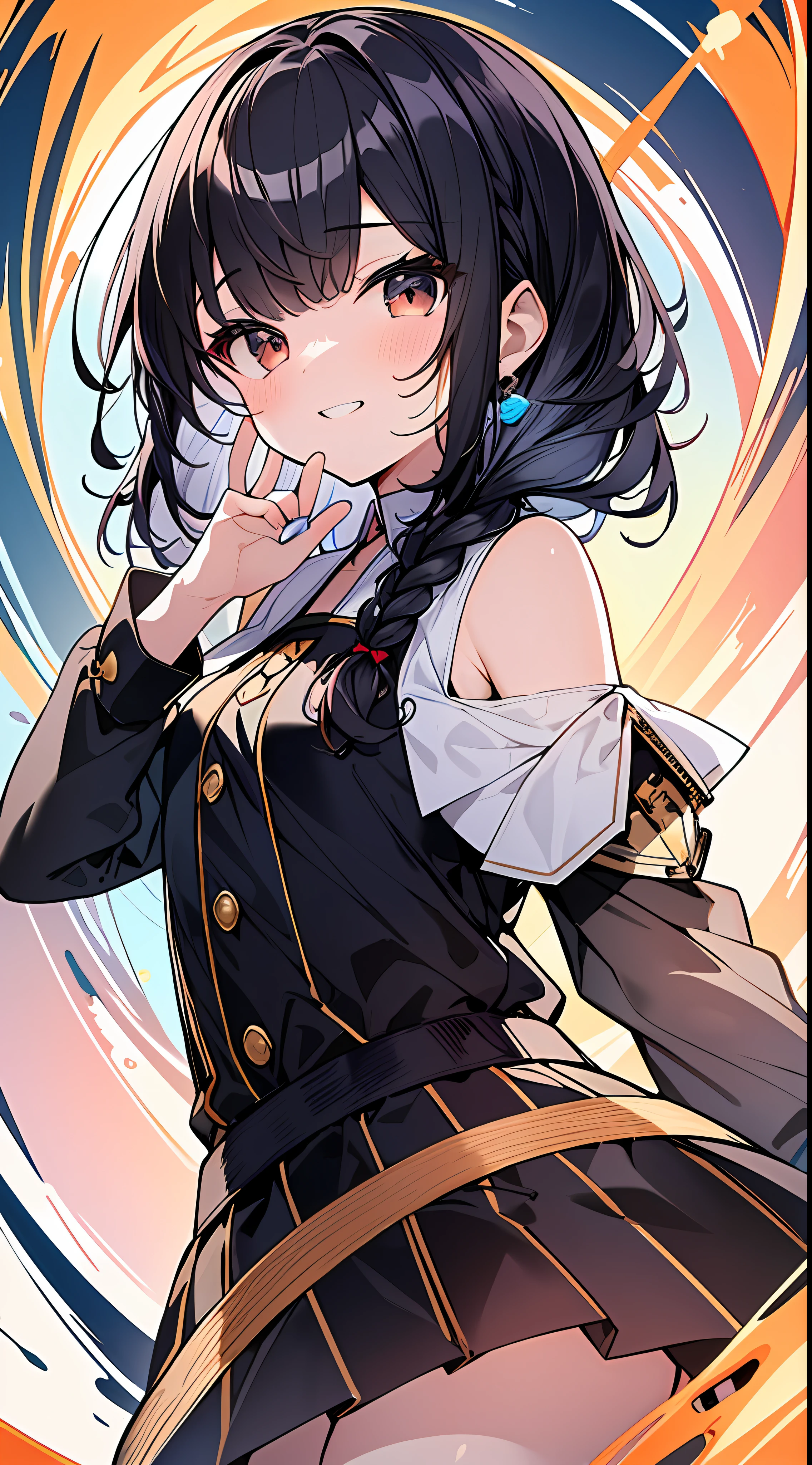 Top quality, masterpiece, high resolution, 8k, small li in anime style of ultra-colored shirt and skirt, one person, detailed line art, bright white and bright amber style, digital enhancement, anime core, flowing fabric, close-up, hair length to shoulder mouth and short braid, beautiful black hair, showing teeth and smiling, looking up angle