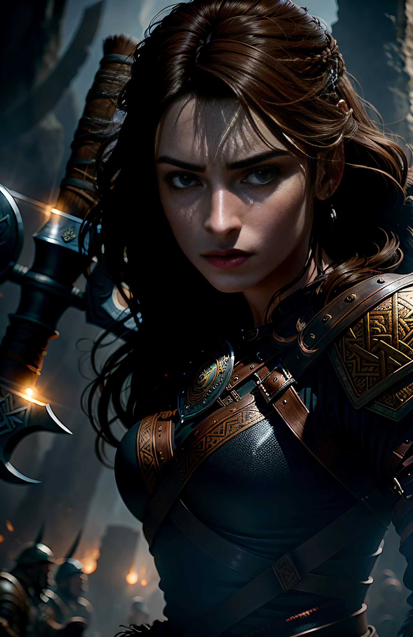 Movie poster, female warrior, long brown hair, delicate face, holding viking battle axe, leather clothing, rich details, intricate details, volumetric light, 4K rendering, hyper realistic, realistic texture, Anne Hathaway,