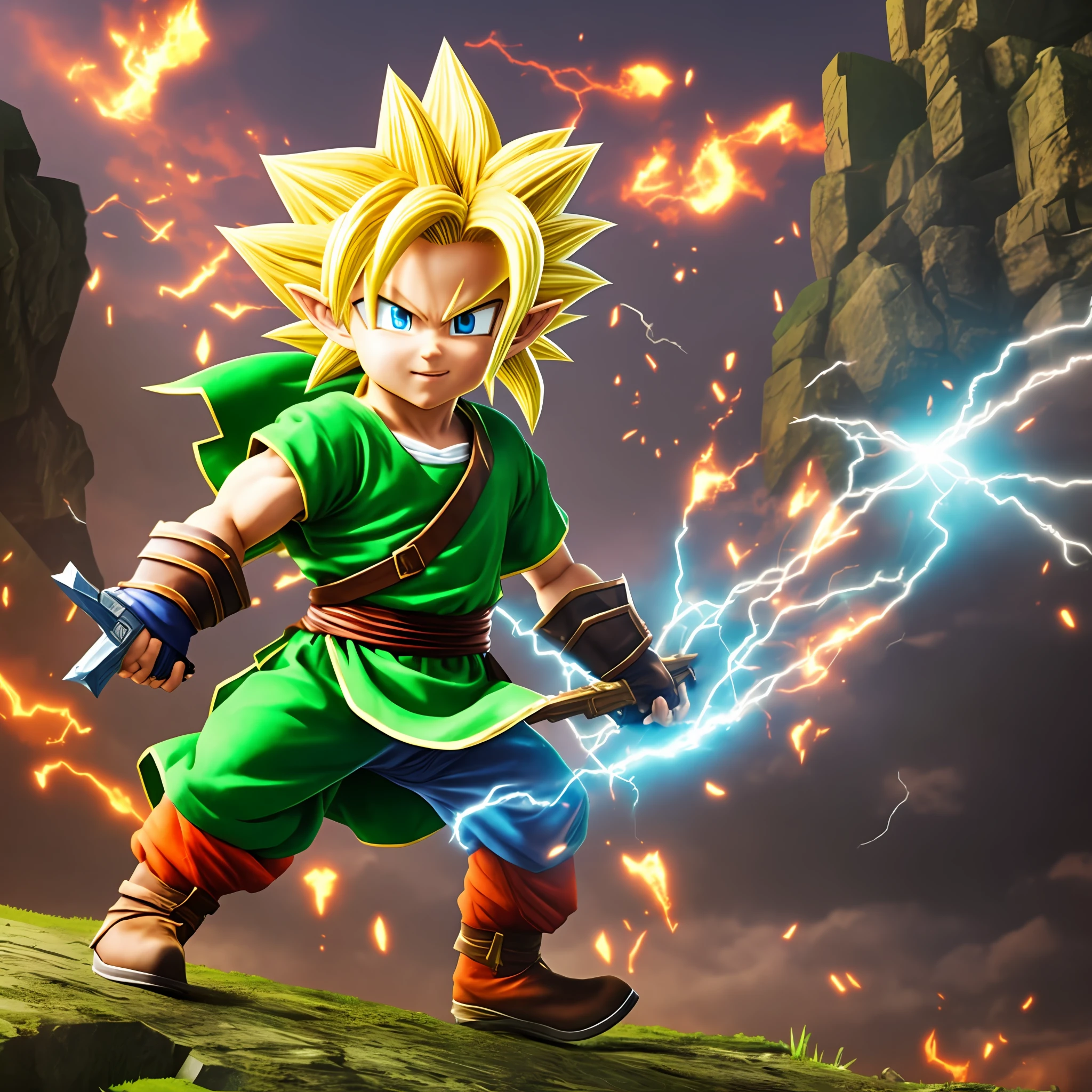 a child Link transforms into super saiyan from the video game Zelda 3D rendering style --auto --s2