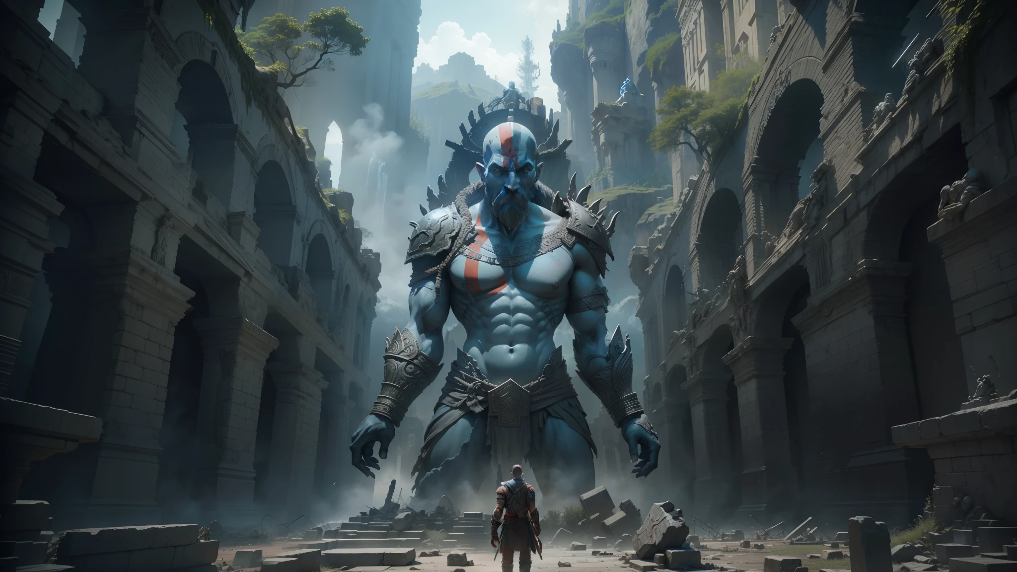 arafed image of a giant statue in a ruined city, film still from god of war, cryengine, cryengine 8 k, square enix cinematic art, uhd 8 k cryengine, uhd 8k cryengine, big video statues, intricate and epic concept art, videogame still, huge statues, cryengine 8k uhd --auto --s2