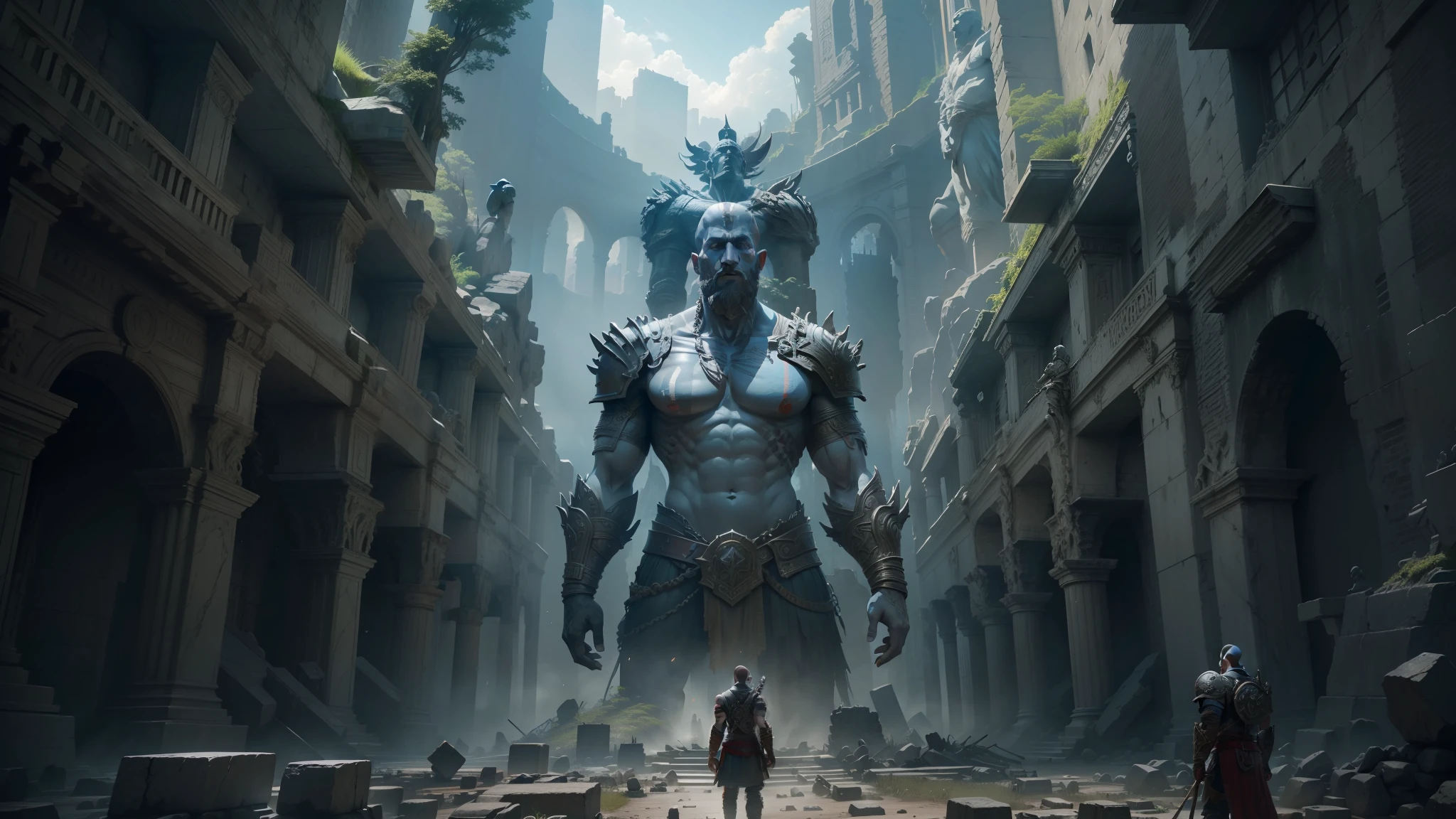 arafed image of a giant statue in a ruined city, film still from god of war, cryengine, cryengine 8 k, square enix cinematic art, uhd 8 k cryengine, uhd 8k cryengine, big video statues, intricate and epic concept art, videogame still, huge statues, cryengine 8k uhd --auto --s2