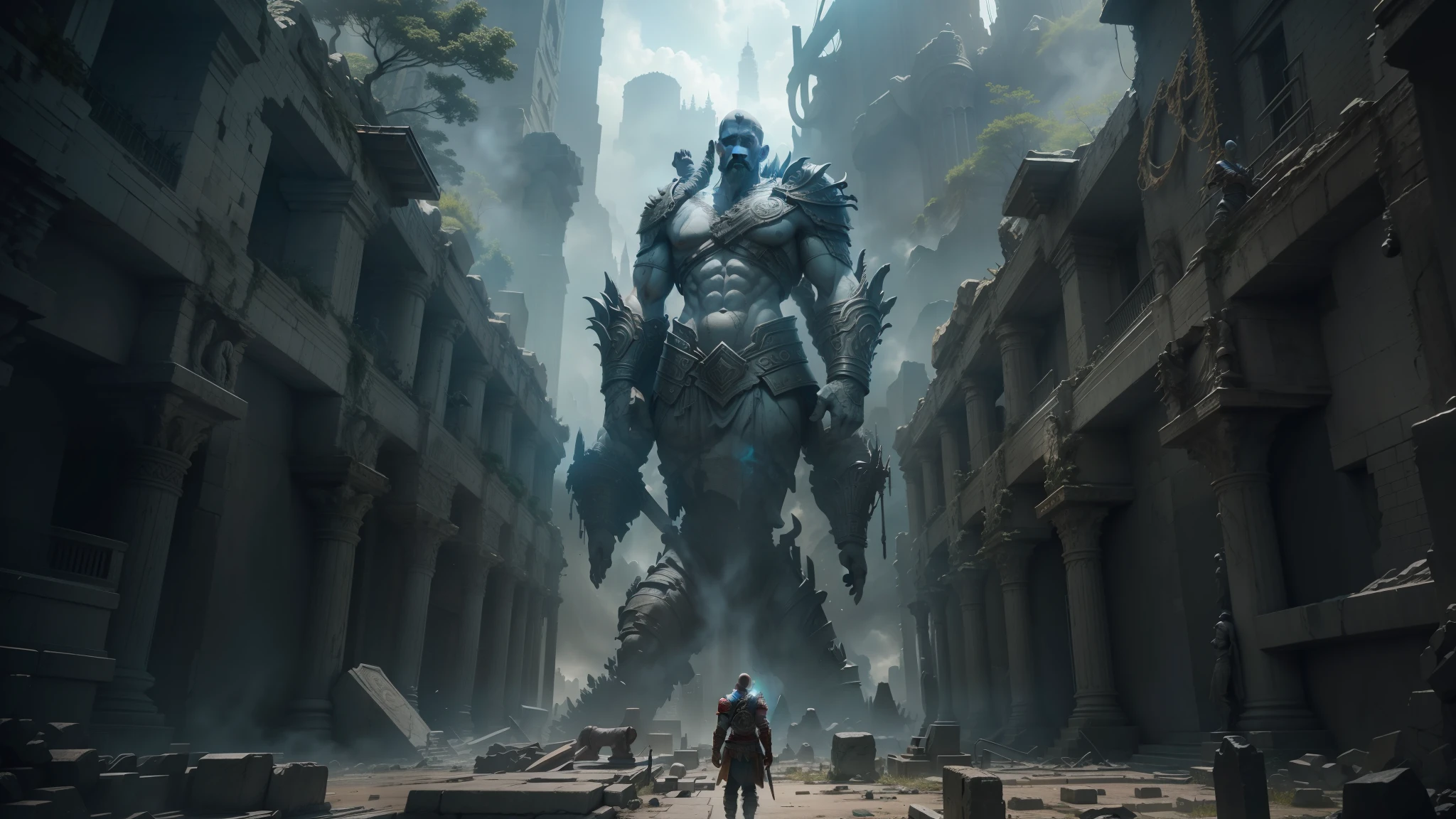 arafed image of a giant statue in a ruined city, film still from god of war, cryengine, cryengine 8 k, square enix cinematic art, uhd 8 k cryengine, uhd 8k cryengine, big video statues, intricate and epic concept art, videogame still, huge statues, cryengine 8k uhd --auto --s2