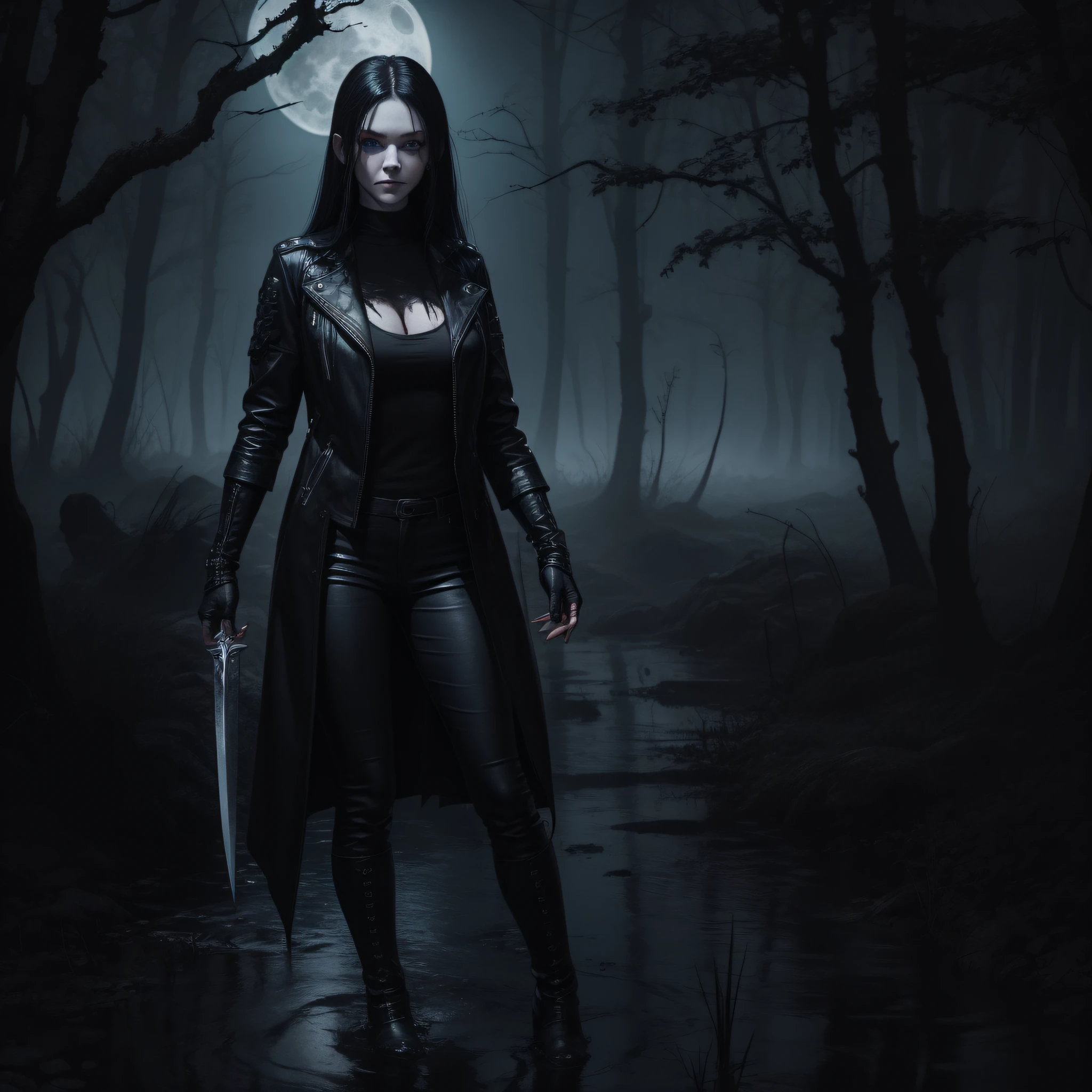 Terrifying, HD, 4K, Ultra Detailed, Monster Art, Moonlit Swamp with bats in the sky background, humanoid, female, pale skin, large breasts, tall, long black hair, blue eyes, long black jacket, t-shirt, black pants, fingerless gloves, black boots, evil grin, holding a knife dripping blood