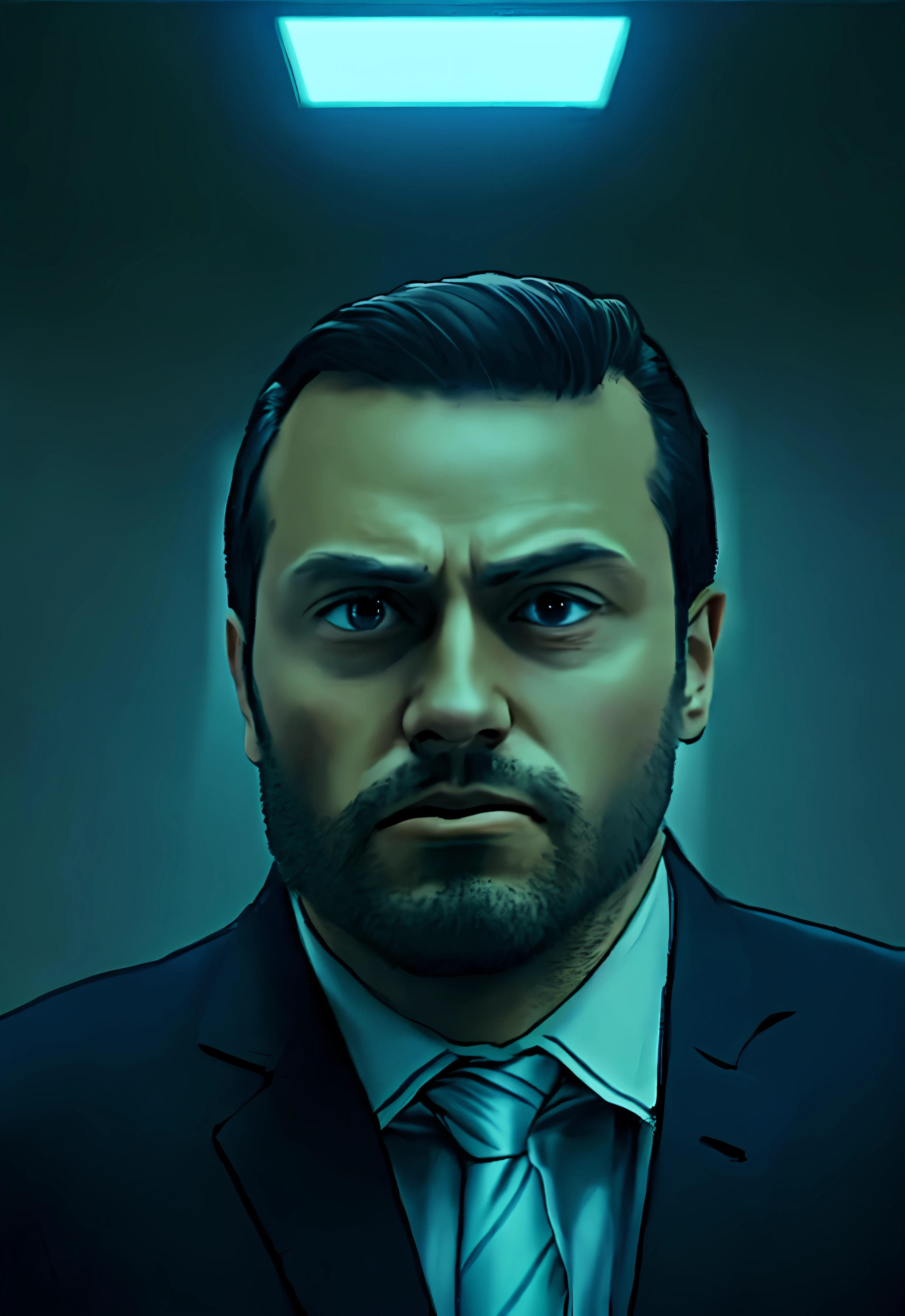 There's a man in a suit and tie standing in a room, anime