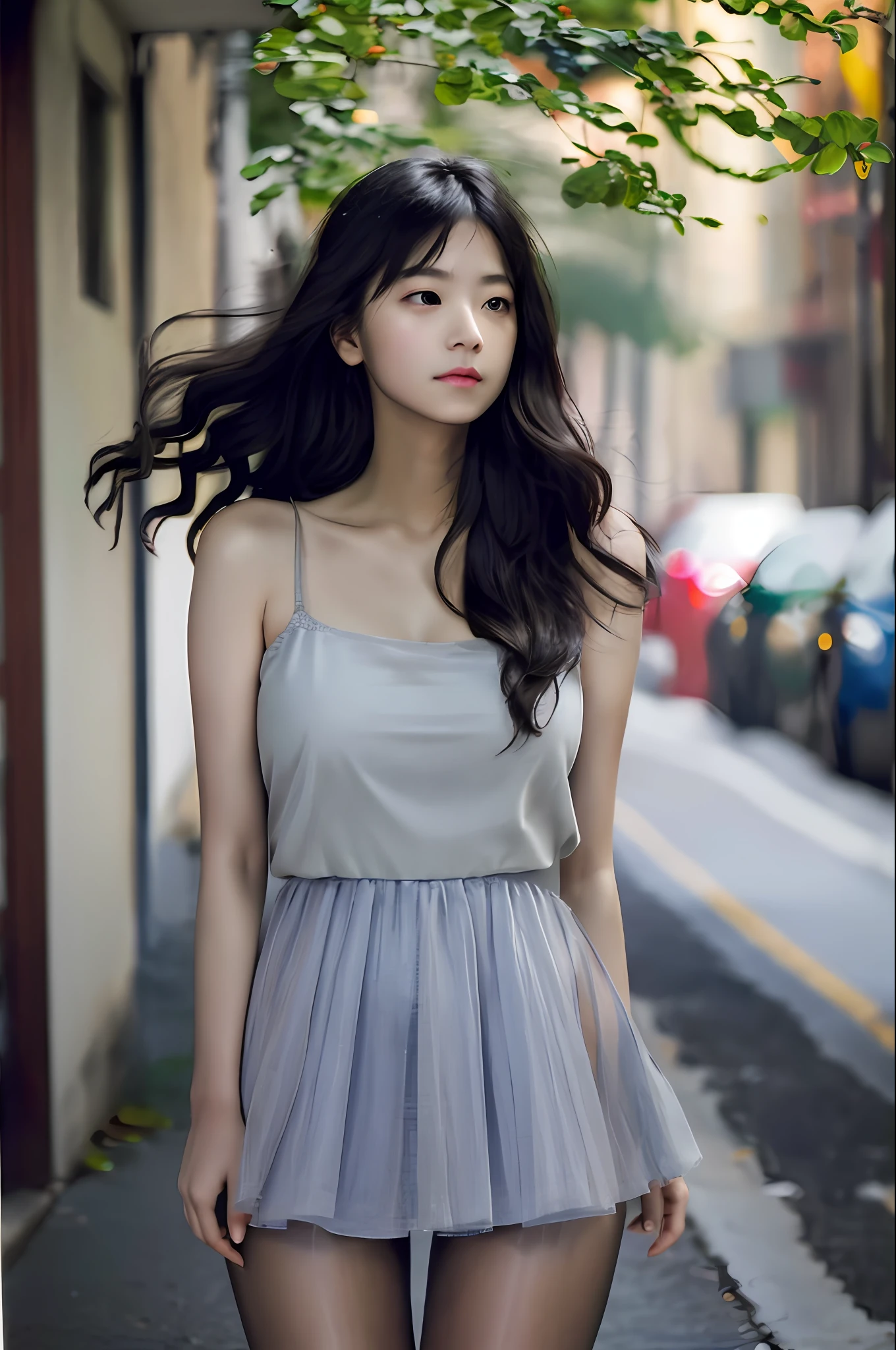 Cinematic portrait photography, 1girl, big breasts, cleavage, black pantyhose, long legs, hip skirt, full body photo, sneakers, transparent panties, leg focus, snow white skin bare shoulders, wavy shoulder-length hair, serene, calm, (realistic details, natural skin texture, realistic facial details), soft dramatic lighting, depth of field, bokeh, vibrant details, fine details, surreal, 35mm film, hazy blur, film,