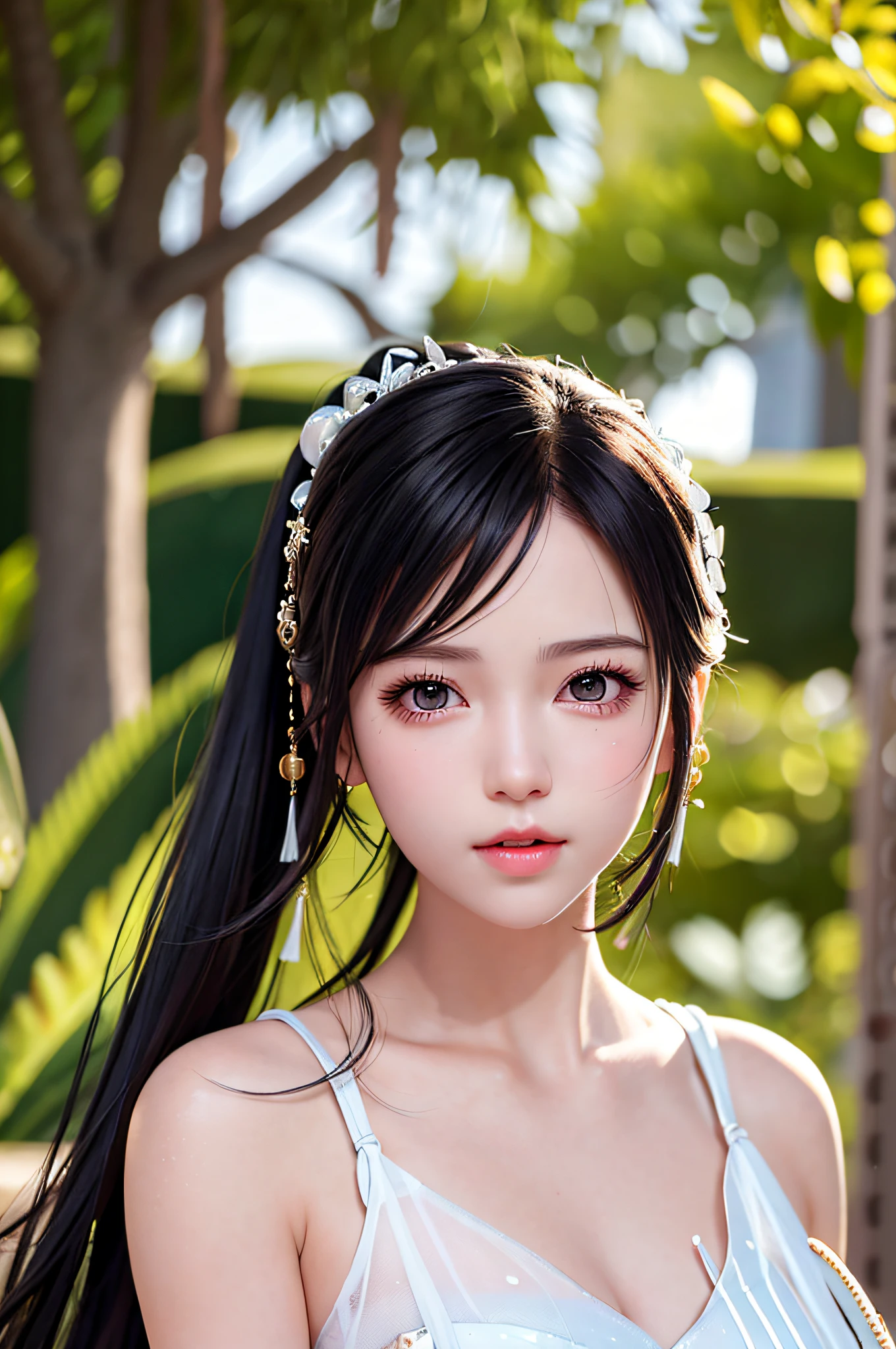 black girl, (sweat:0.7),woman,japanese,exquisite face, beautiful face,bare shoulders,shoulders exposed,translucent skin,black eyes,black hair,(photorealistic:1.4),realistic details, high resolution,bokeh,outstanding details