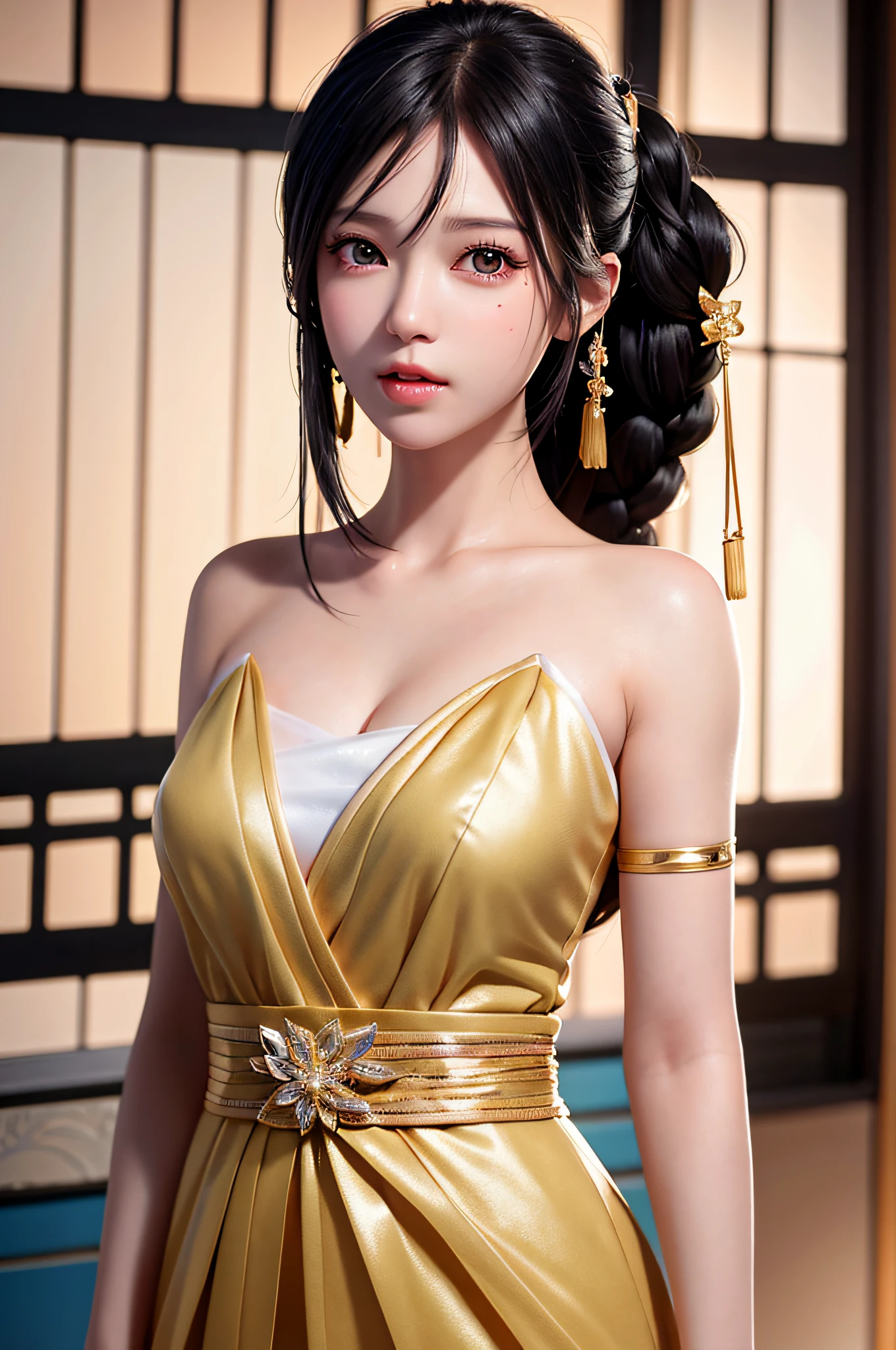 black girl, (sweat:0.7),woman,japanese,exquisite face, beautiful face,bare shoulders,shoulders exposed,translucent skin,black eyes,black hair,(photorealistic:1.4),realistic details, high resolution,bokeh,outstanding details