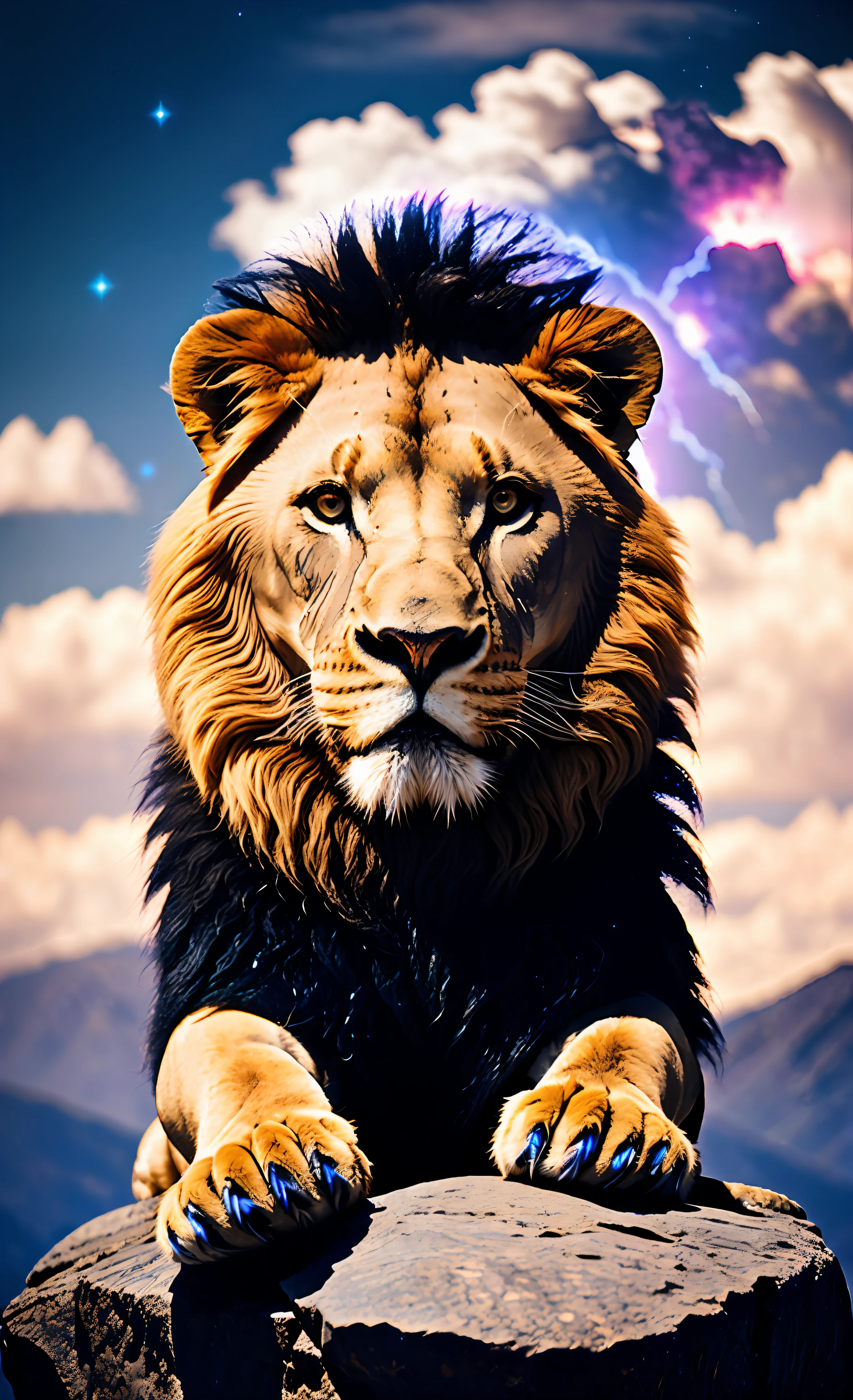 Perfect and imposing lion, without distortions, in a striking position, with flaming eyes, on top of a rock, with a purple and blue nebula baby background, perfect photography, ultra realistic photography, 12k, ultra resolution, cinematic, HDR,
