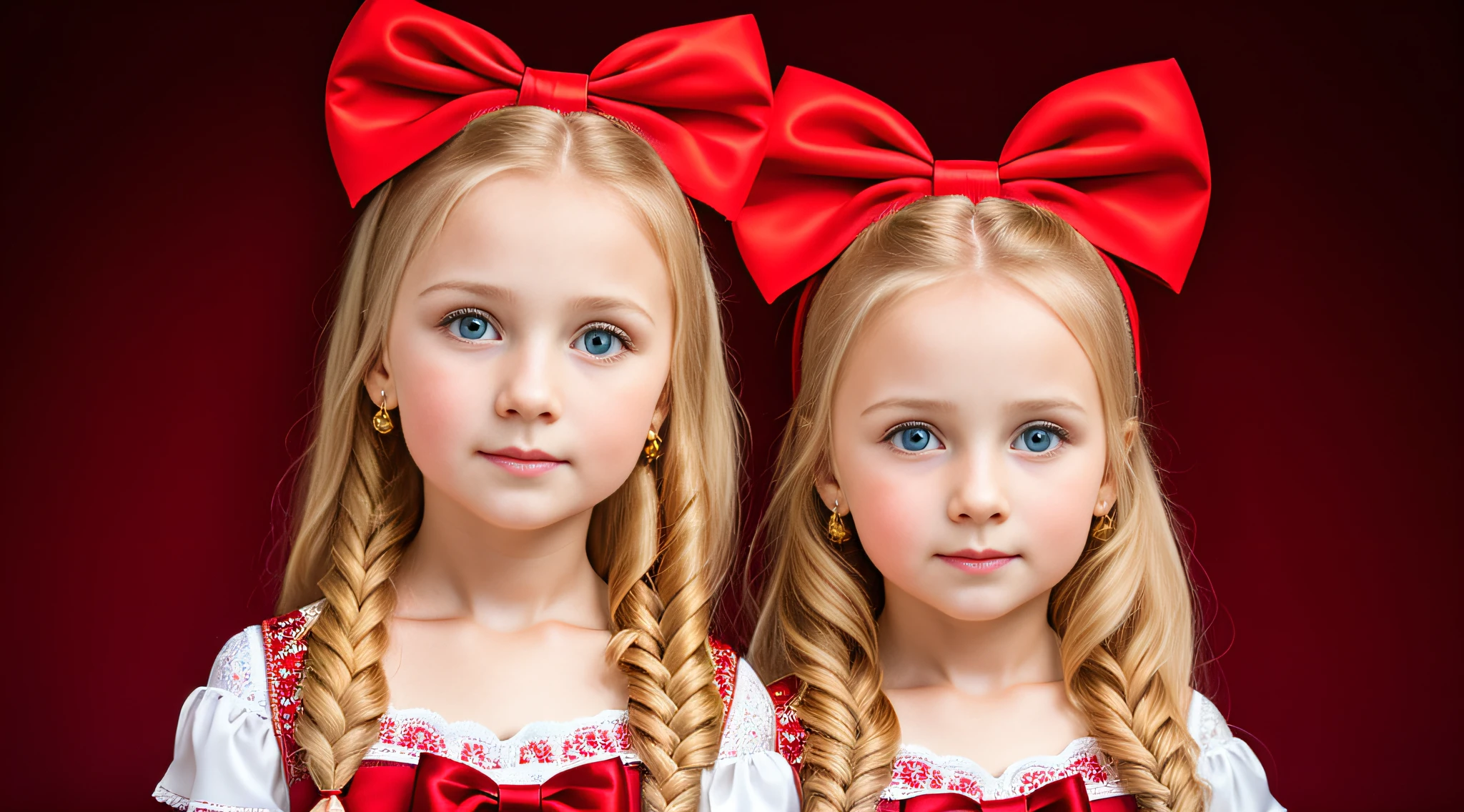 Russian style, girl , photo studio red background, close-up, bust, portrait, long blonde hair and giant red bow on head