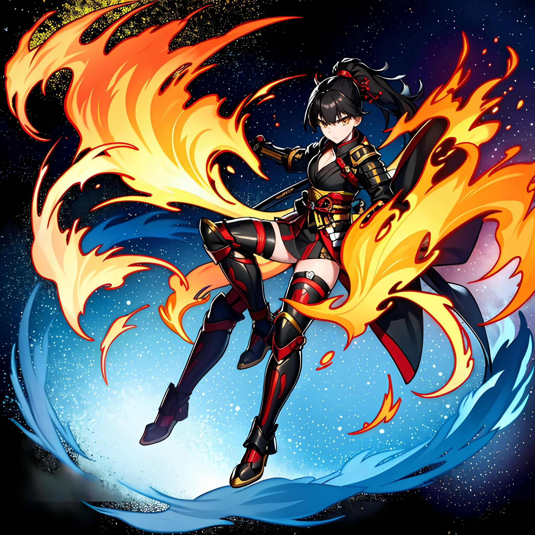 masterpiece, best quality, 1girl, solo, black hair, looking at viewer, ponytail, hair ornament,, holding, closed mouth, jacket, full body, yellow eyes, katana, black and red samurai armor, splash art, fire whirlwind in space background