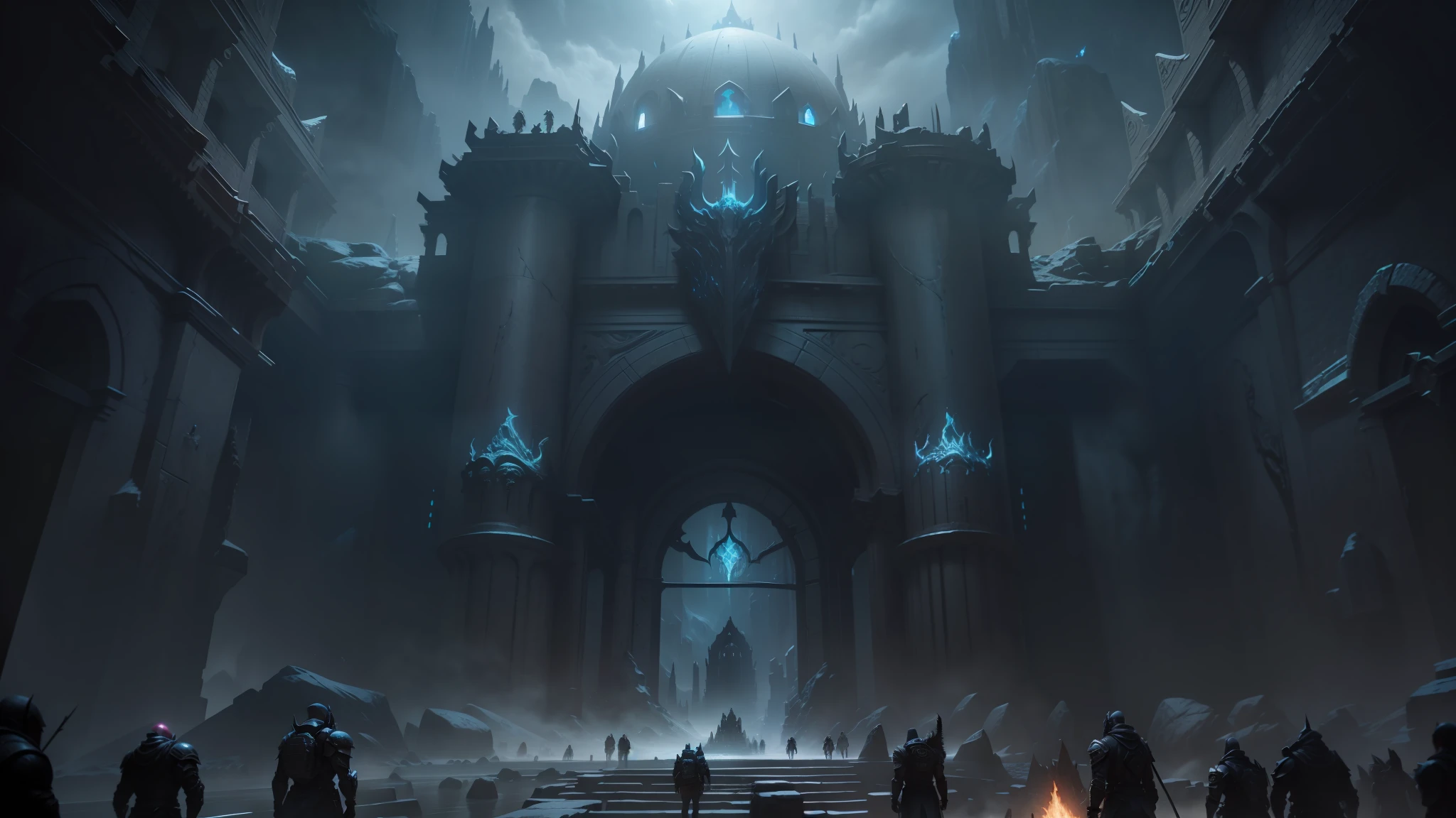a group of people standing around a giant stone structure, doom eternal concept art, mines of moria, matte painting unreal engine, epic cinematic matte painting, unreal engine 5 : :, intricate matte painting, unreal engine: .2, intricate and epic concept art, doom eternal, the gates of argonath, unreal engine 5 », unreal engine 7, unreal - engine --auto --s2