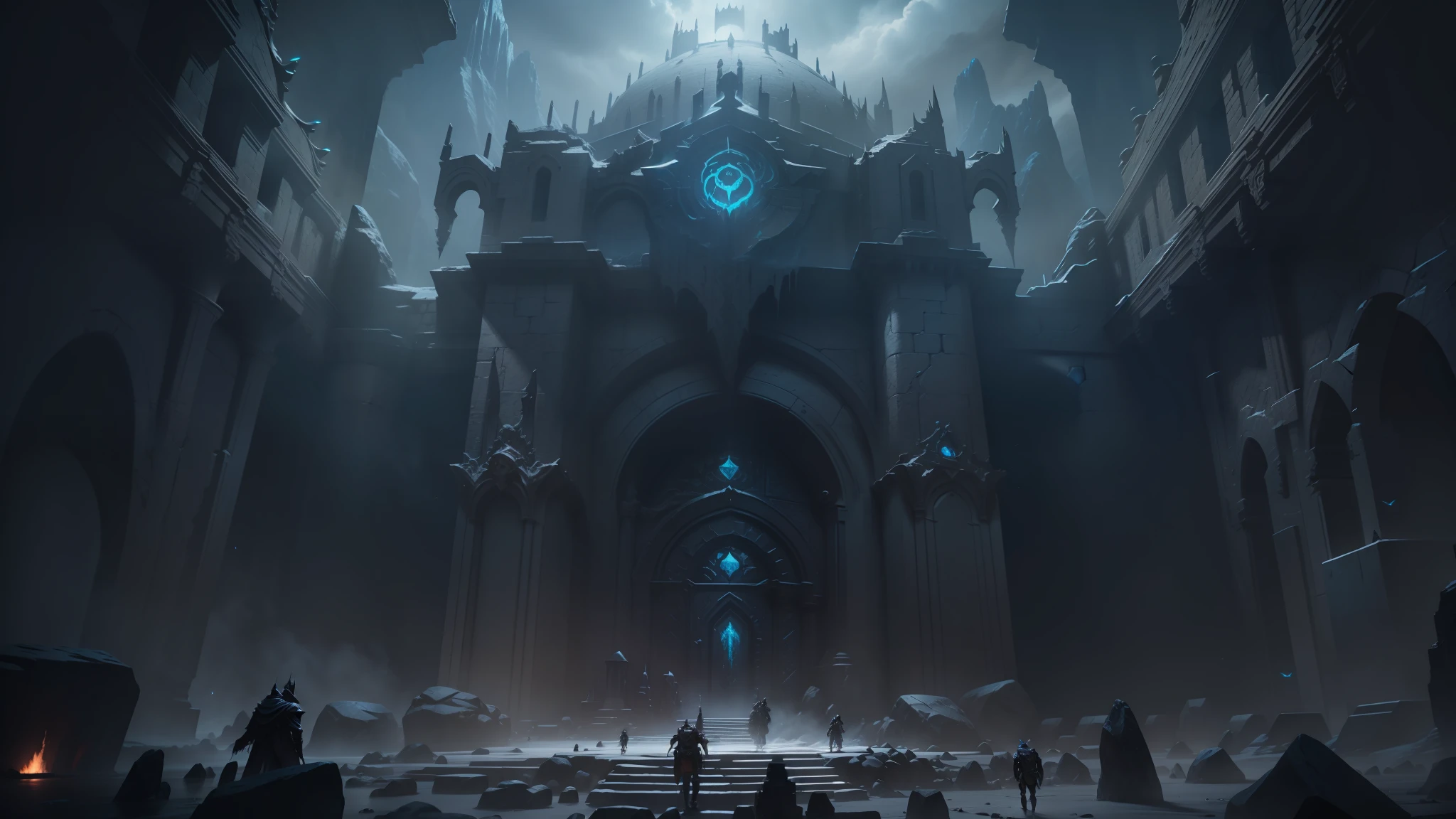 a group of people standing around a giant stone structure, doom eternal concept art, mines of moria, matte painting unreal engine, epic cinematic matte painting, unreal engine 5 : :, intricate matte painting, unreal engine: .2, intricate and epic concept art, doom eternal, the gates of argonath, unreal engine 5 », unreal engine 7, unreal - engine --auto --s2