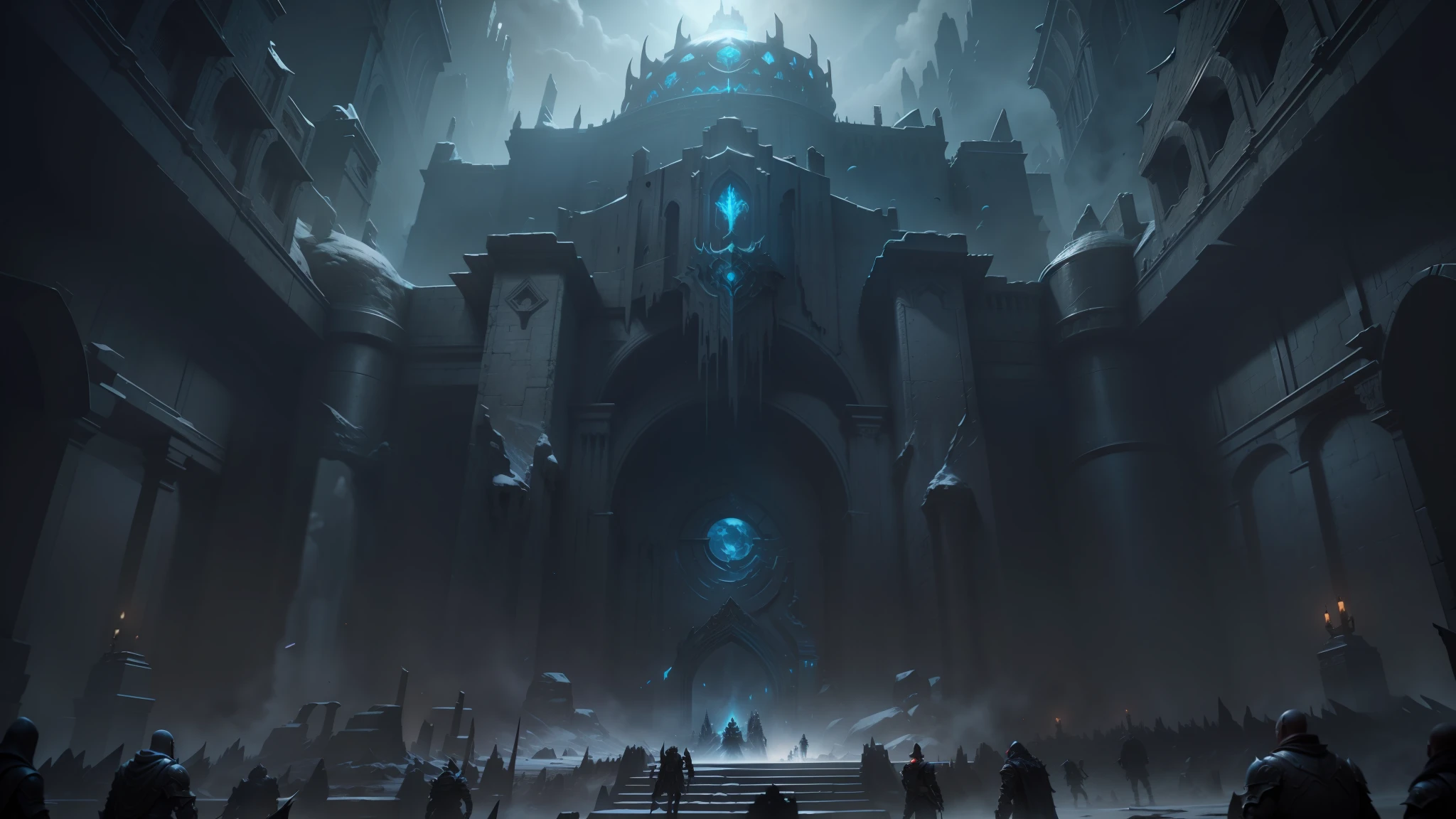 a group of people standing around a giant stone structure, doom eternal concept art, mines of moria, matte painting unreal engine, epic cinematic matte painting, unreal engine 5 : :, intricate matte painting, unreal engine: .2, intricate and epic concept art, doom eternal, the gates of argonath, unreal engine 5 », unreal engine 7, unreal - engine --auto --s2