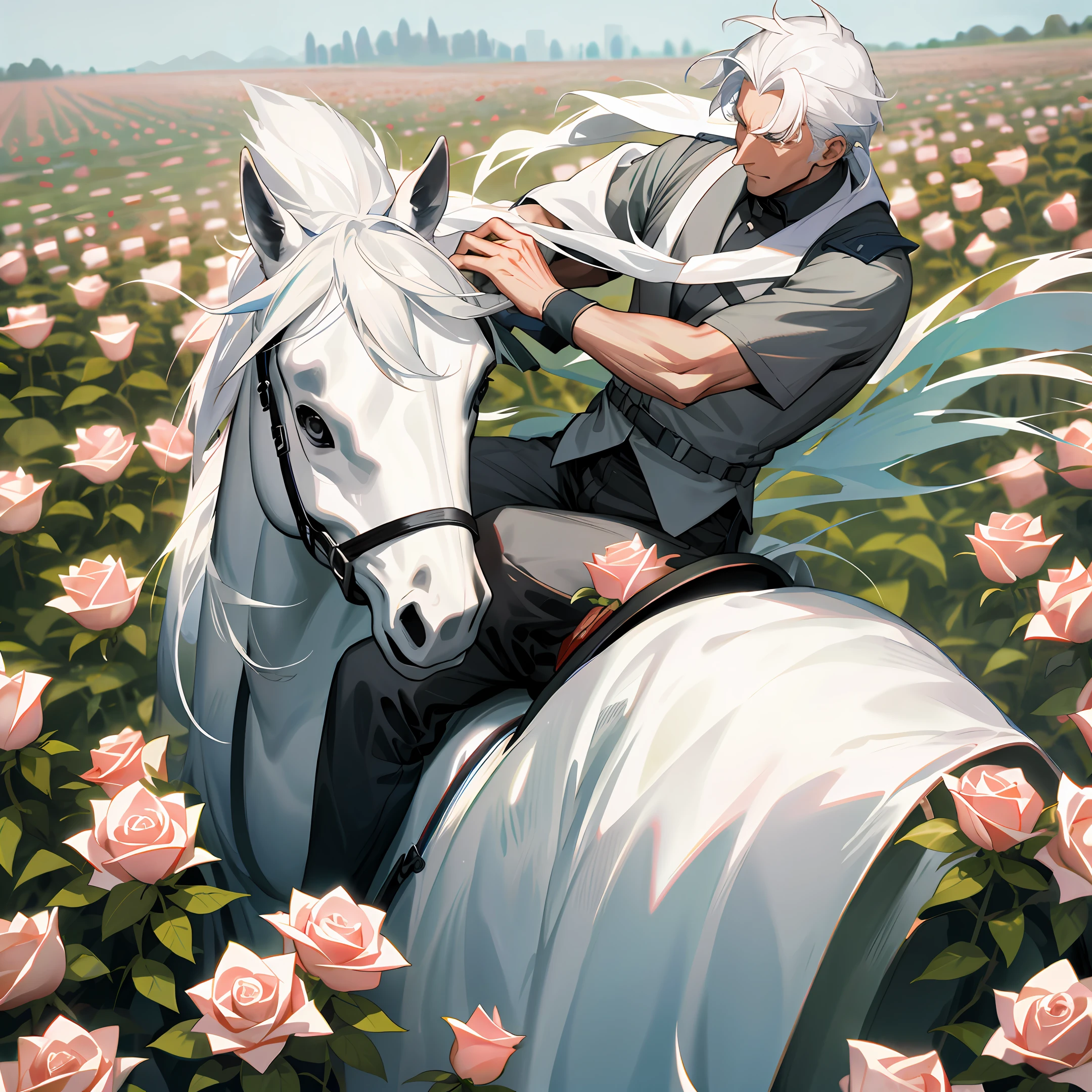 A white-haired man riding in a field of roses