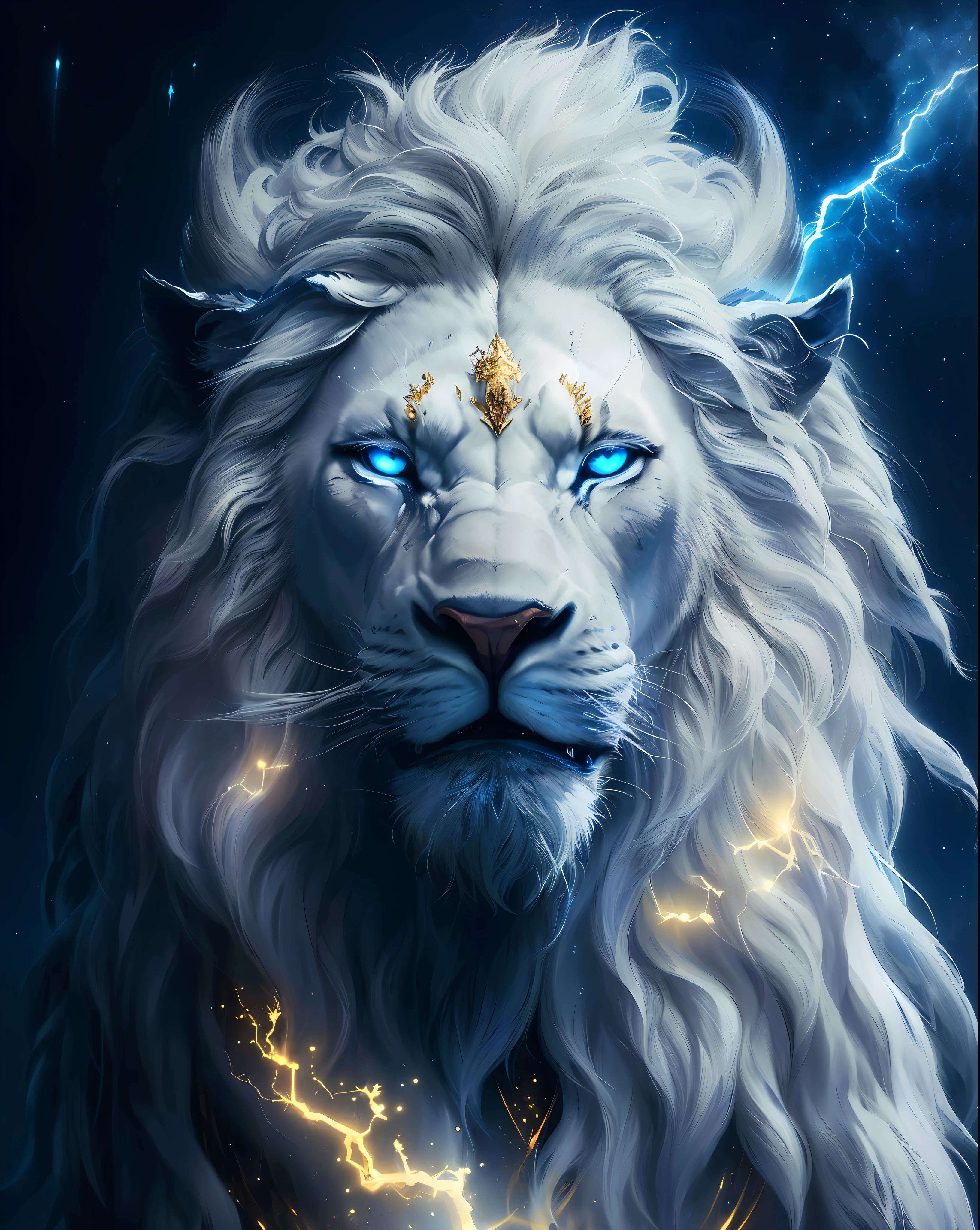 Anthill of a close up of a white lion with crown and a lightning bolt in its mouth, roaring blue lion. majestic, gorgeous goddess of leo, lion warrior, high definition cgsociety, aslan the lion, wallpaper 4k, wallpaper 4 k, dominant wihte and blue colours, 4k highly detailed digital art, lord of beasts, dramatic cinematic detailed fur, cgsociety ).
