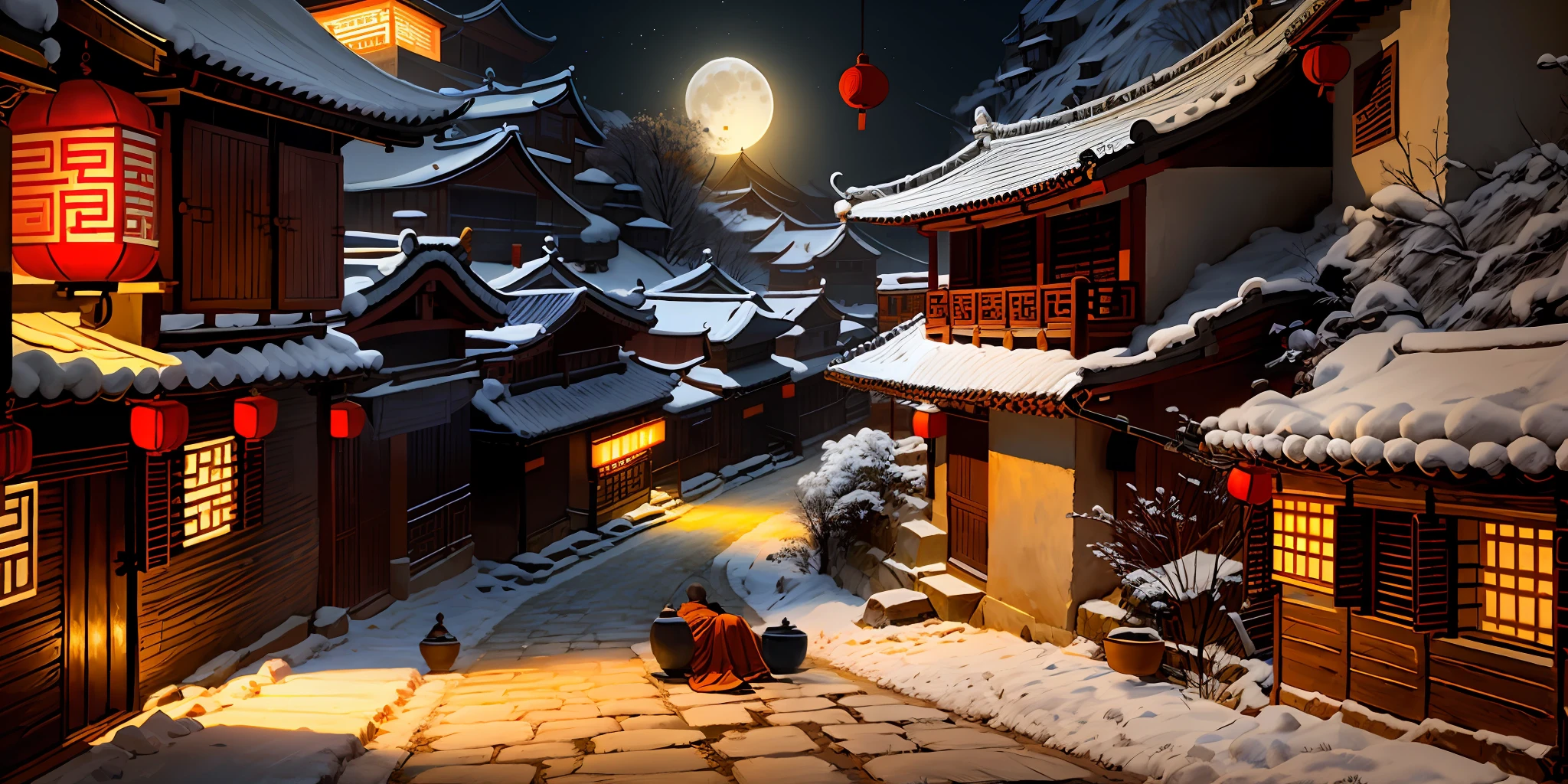 lying monk sleeps on a street in a village in ancient china, illuminated by the soft light of the moon.