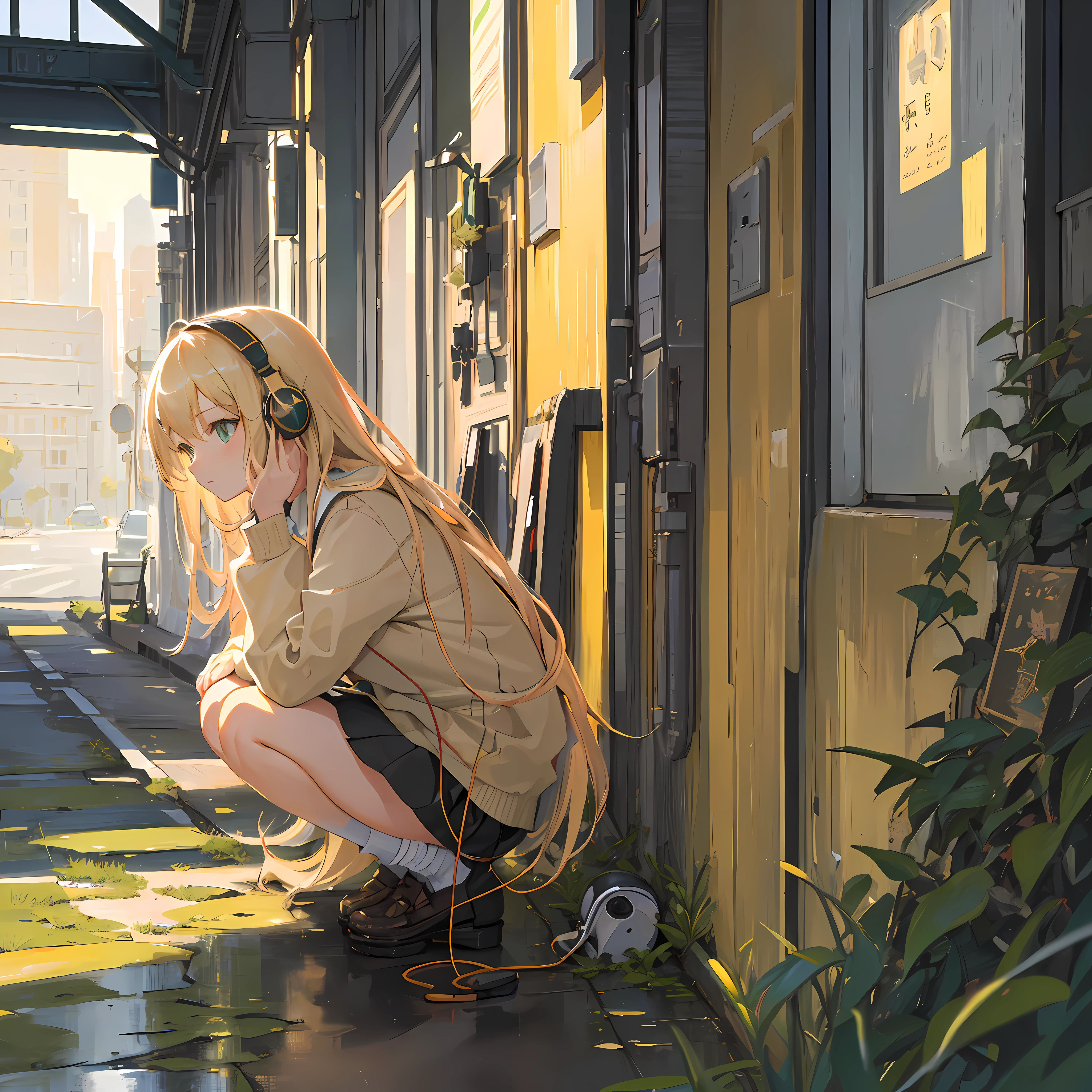 (masterpiece), (best quality, highres, highly-detailed, illustration), 1girl, solo, city, contemporary, profile picture closeup, blonde beige long hair, green eyes, beautiful detailed eyes, squatting, headphones, 8k, trending on ArtStation, featured on Pixiv