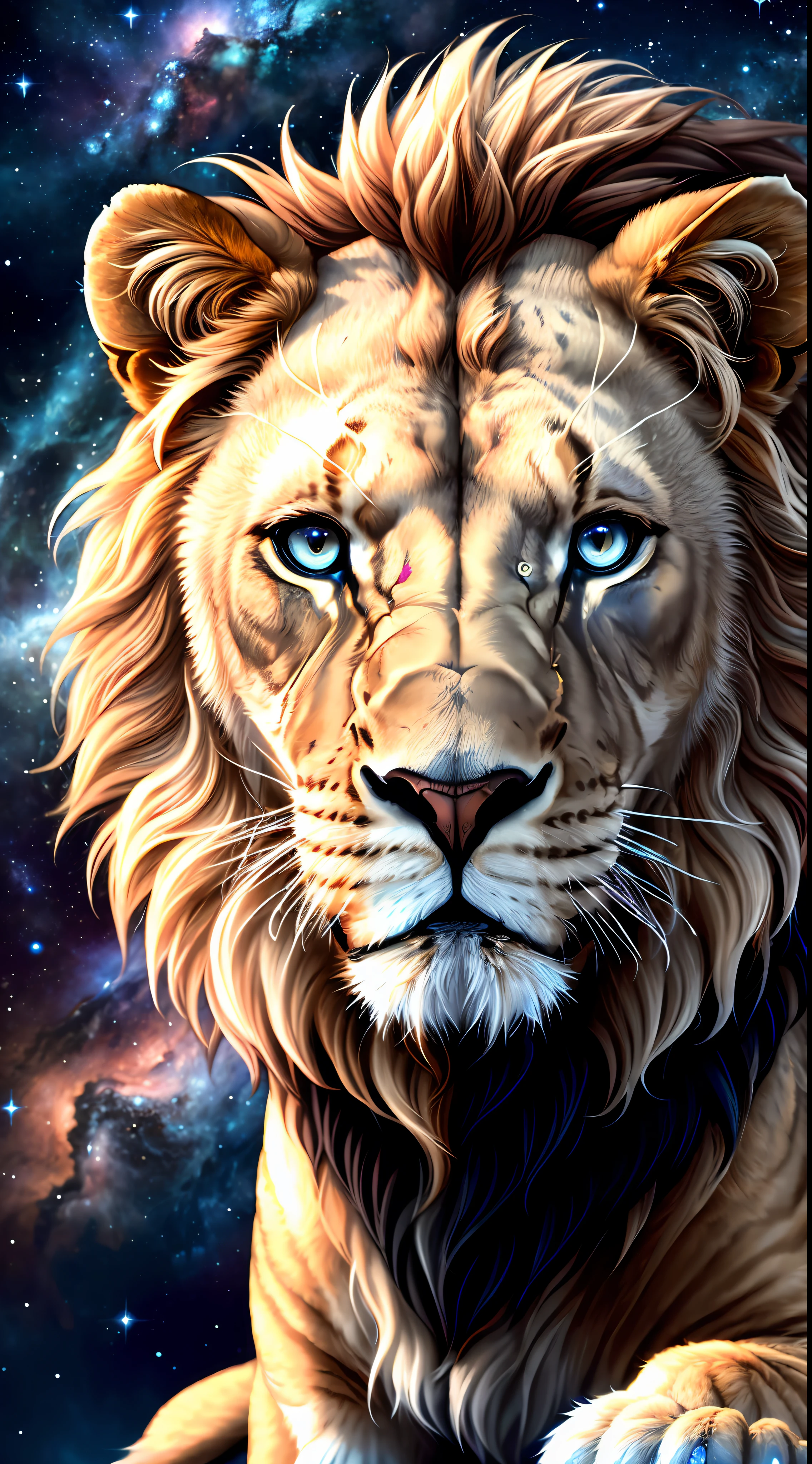 Lion with important expression, whole body, detailed blue nebula background, James Webb, magic, dramatic light, 8k, photorealistic, complex details, ultra realistic, photo taken from afar