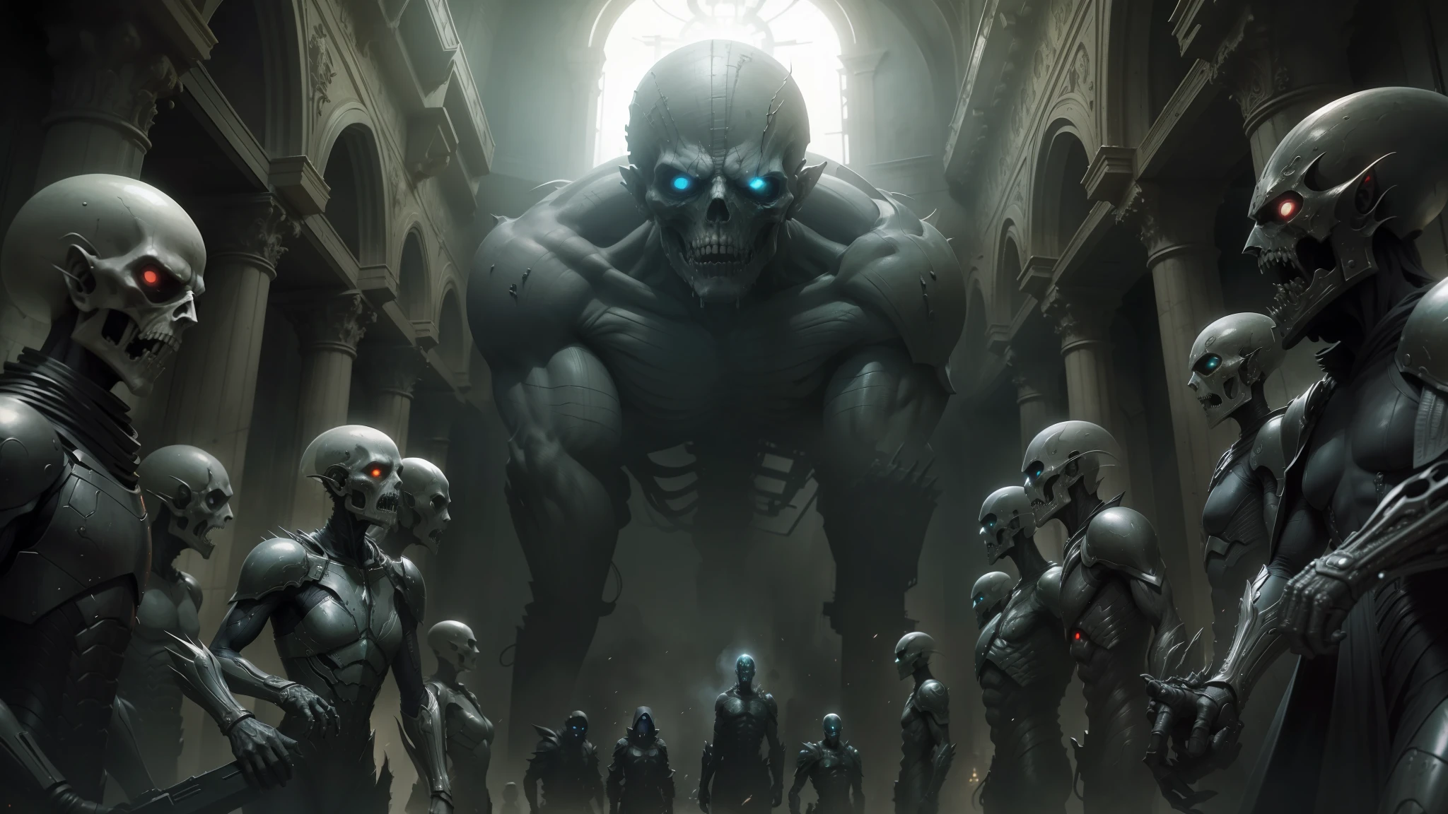 a close up of a group of zombies in a building, nekro xiii, frame from prometheus movie, nekro iii, greg rutkowski and h r giger, craig mullins nekro, nekro, scene from prometheus movie, still frame from prometheus, scene from the movie prometheus, nekro borja --auto --s2