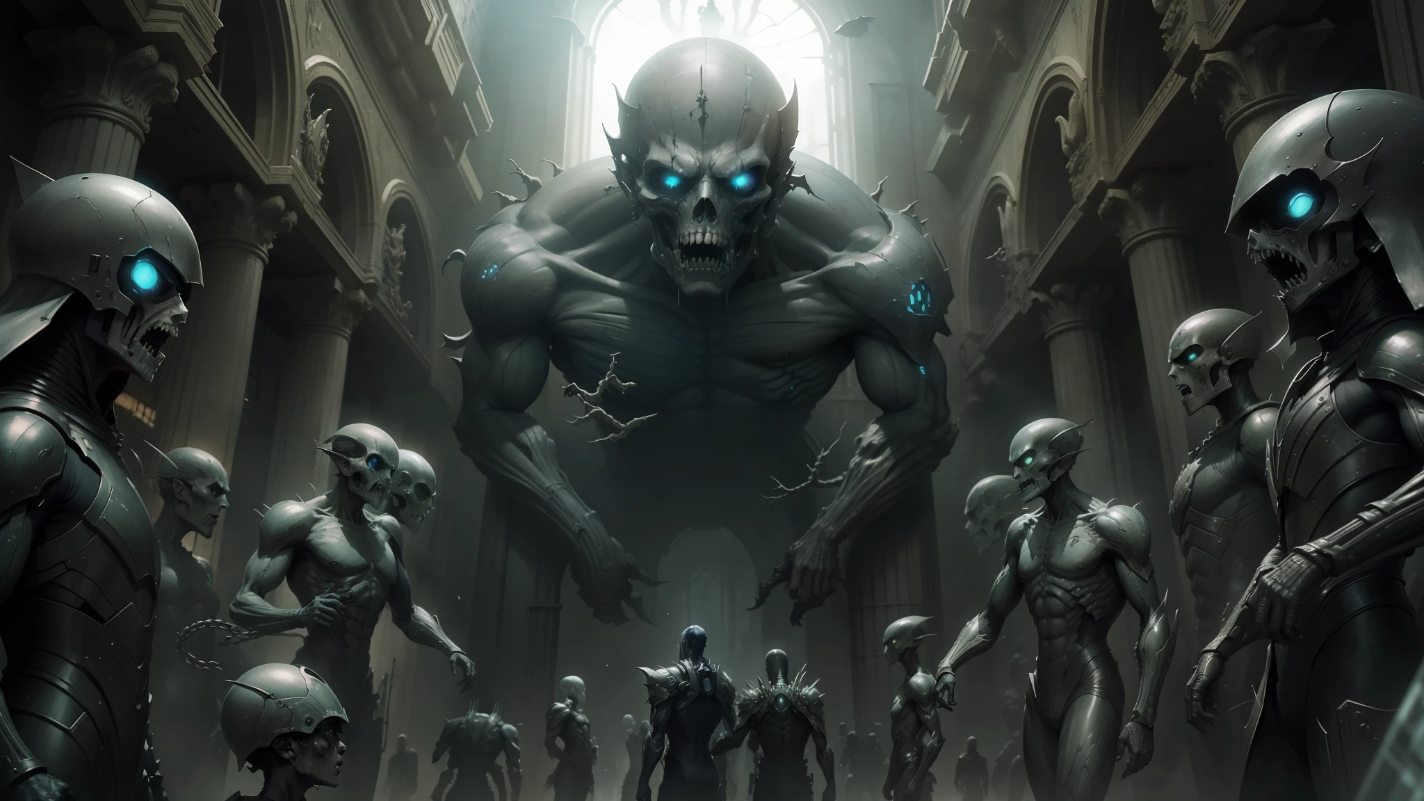 a close up of a group of zombies in a building, nekro xiii, frame from prometheus movie, nekro iii, greg rutkowski and h r giger, craig mullins nekro, nekro, scene from prometheus movie, still frame from prometheus, scene from the movie prometheus, nekro borja --auto --s2