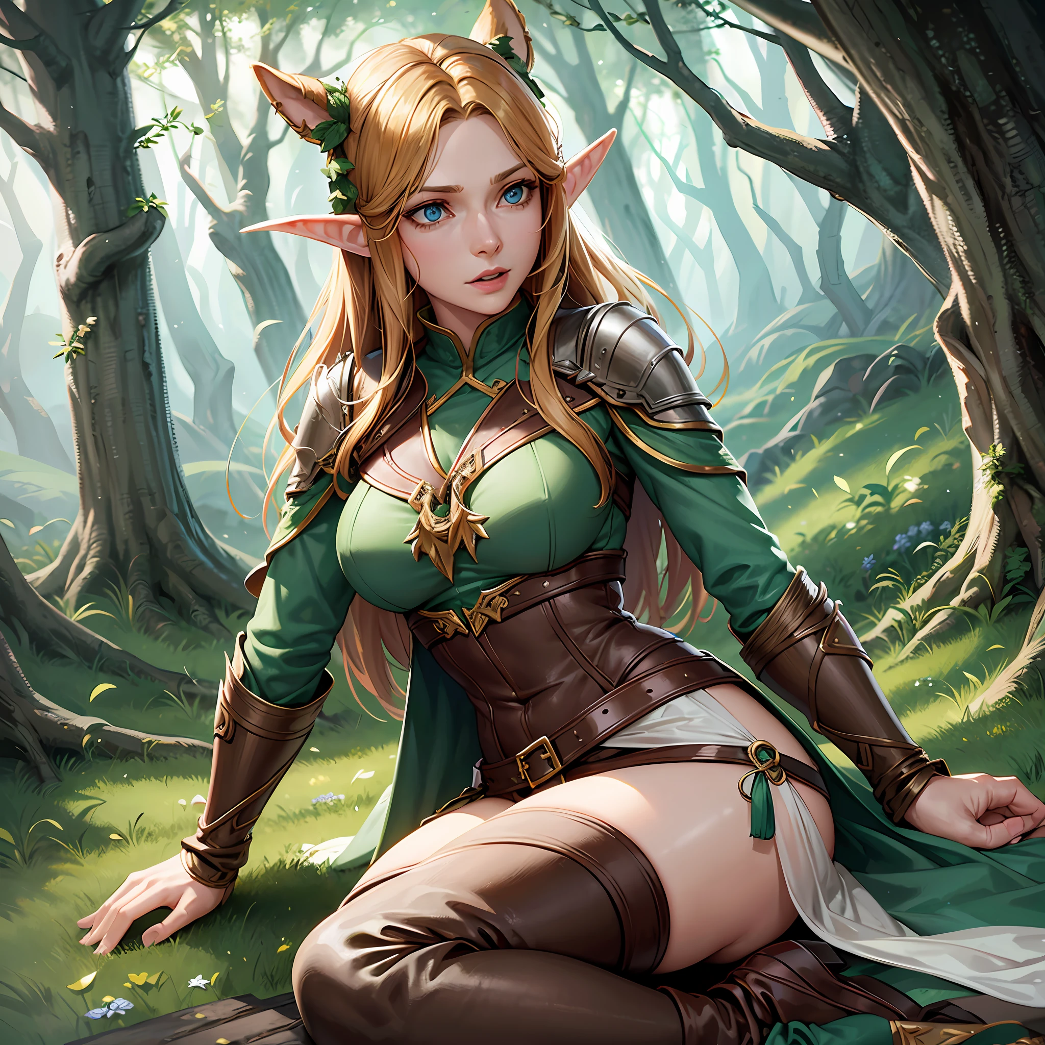 "Tauriel, the elf from The Hobbit movie", best quality, ultra-detailed CG unity 8k wallpaper, floating, high resolution, dynamic pose, beautiful face, (blue eyes:1.2, yellow hair:1.3, green clothes), depth of field, white forest, golden leaves, magic light)