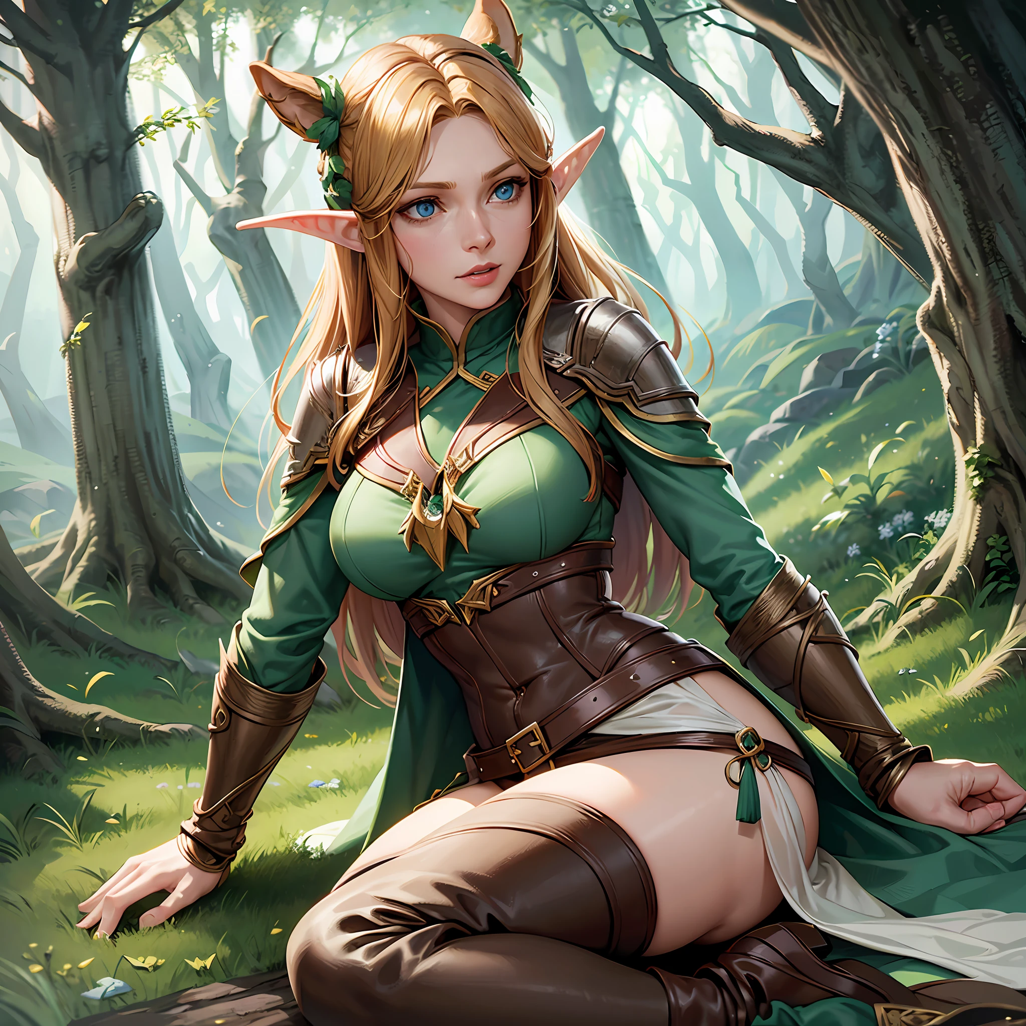 "Tauriel, the elf from The Hobbit movie", best quality, ultra-detailed CG unity 8k wallpaper, floating, high resolution, dynamic pose, beautiful face, (blue eyes:1.2, yellow hair:1.3, green clothes), depth of field, white forest, golden leaves, magic light)