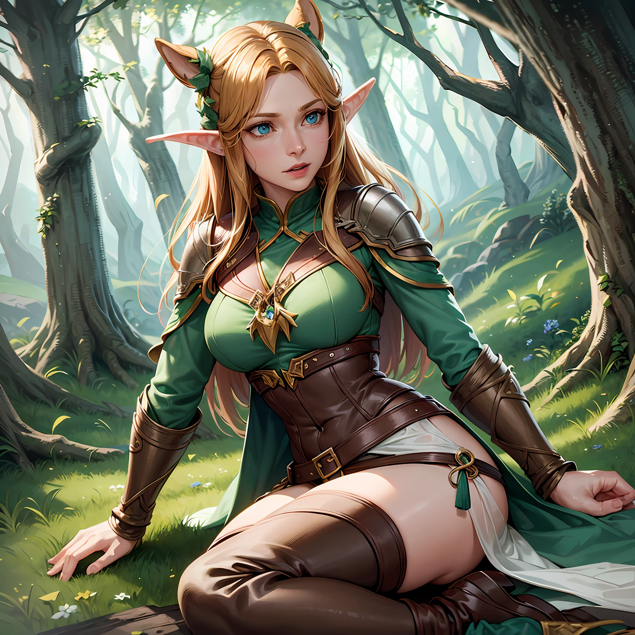 "Tauriel, the elf from The Hobbit movie", best quality, ultra-detailed CG unity 8k wallpaper, floating, high resolution, dynamic pose, beautiful face, (blue eyes:1.2, yellow hair:1.3, green clothes), depth of field, white forest, golden leaves, magic light)