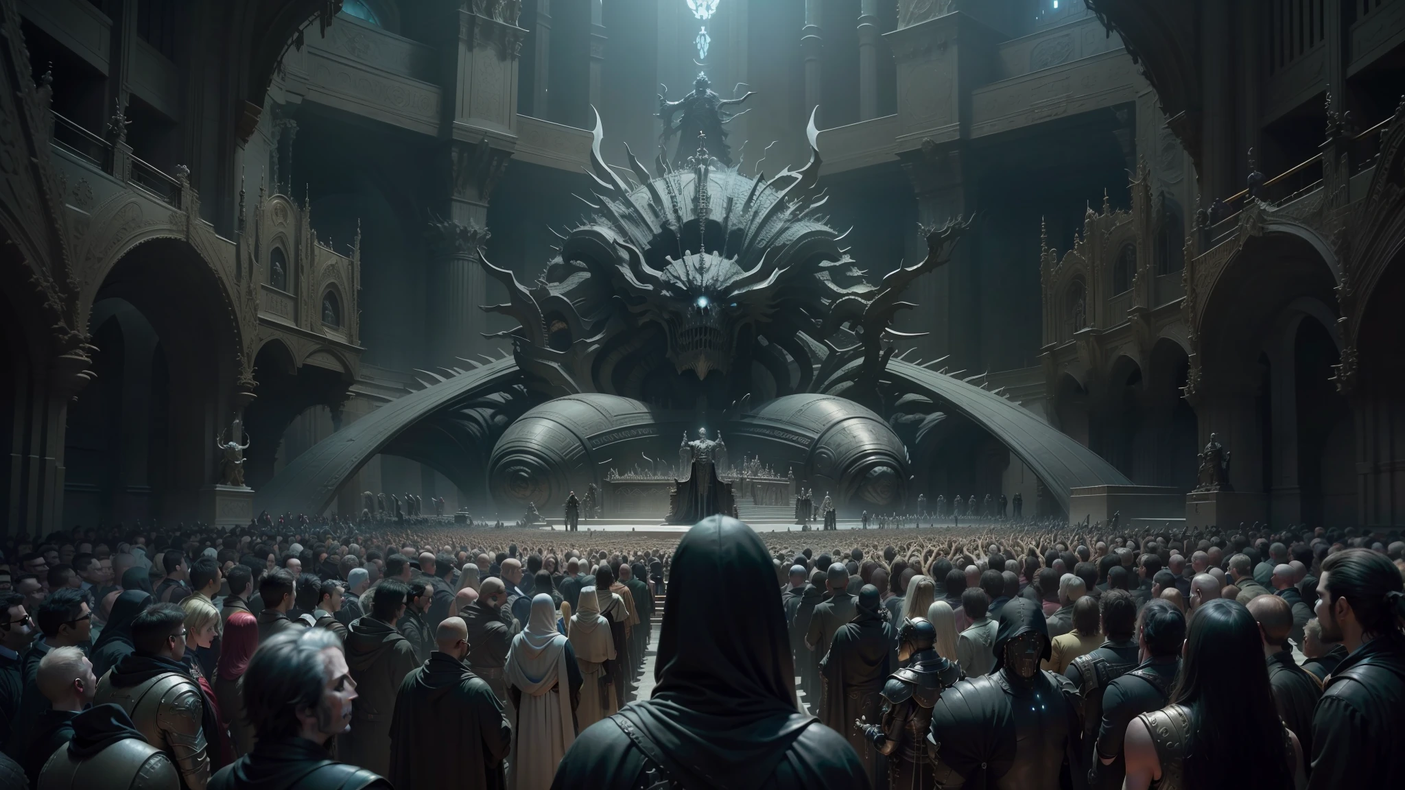 a large crowd of people standing around a giant throne, eldritch legislature, greg rutkowski and h r giger, in screenshot from the 300 movie, nekro xiii, nekro iii, still from alita, film still from movie dune-2021, cgsociety ), greg rutkowski artistry works --auto --s2