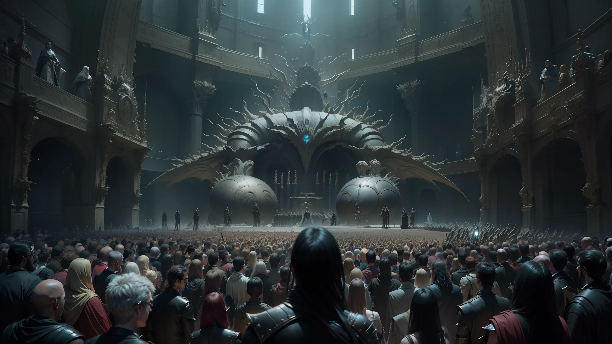 a large crowd of people standing around a giant throne, eldritch legislature, greg rutkowski and h r giger, in screenshot from the 300 movie, nekro xiii, nekro iii, still from alita, film still from movie dune-2021, cgsociety ), greg rutkowski artistry works --auto --s2