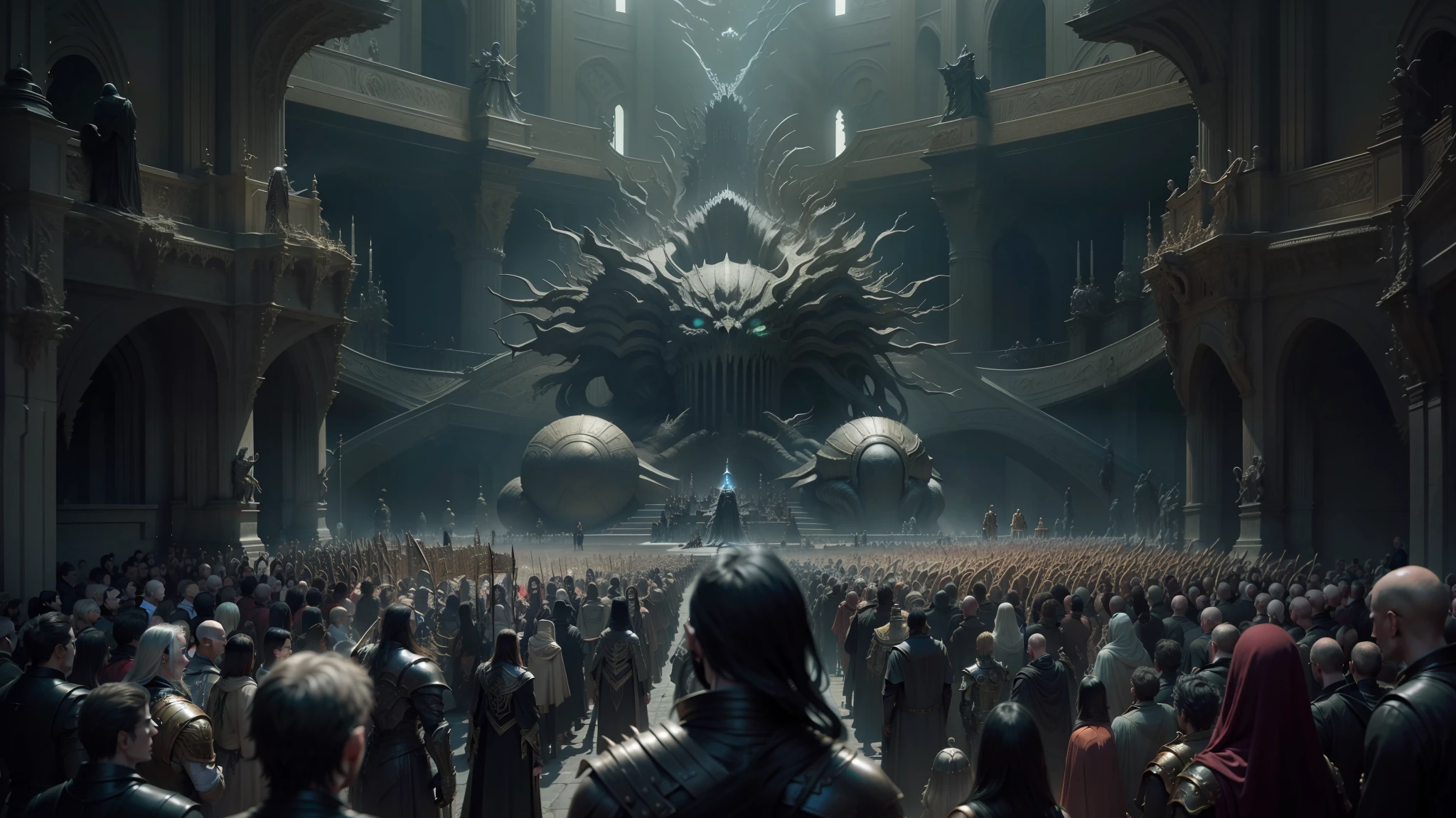a large crowd of people standing around a giant throne, eldritch legislature, greg rutkowski and h r giger, in screenshot from the 300 movie, nekro xiii, nekro iii, still from alita, film still from movie dune-2021, cgsociety ), greg rutkowski artistry works --auto --s2