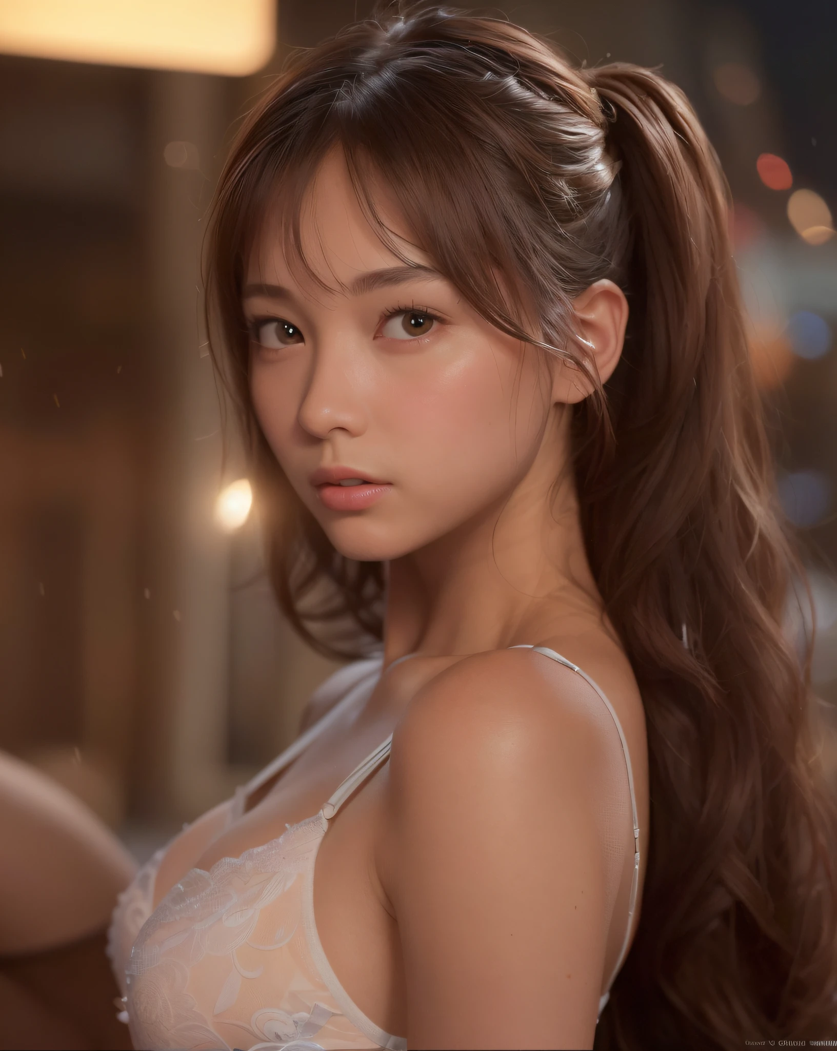 ((Realistic lighting, Best quality, 8K, Masterpiece: 1.3)), Clear focus: 1.2, 1girl, Perfect body beauty: 1.4, Slim abs: 1.1, ((Dark brown hair, Big breasts: 1.3)), (Wearing ultra-thin red lace underwear: 1.4, gray stockings: 1.2,), (Outdoor, night: 1.1), City streets, Super fine face, fine eyes, double eyelids, hands on the head, lying on the bed.