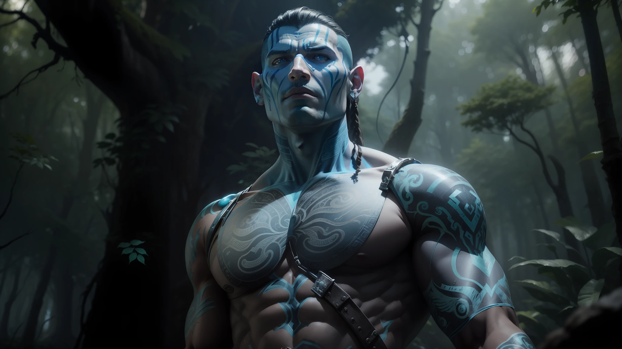 a close up of a man in a forest with a sword, avatar ( 2 0 0 9 ), movie still of aztec cyborg, movie still of cyborg, movie still of a villain cyborg, djinn human hybrid, avatar movie, dwayne johnson as god of war, dwayne johnson as kratos, movie still of a alien cyborg, nekro, nekro borja --auto --s2