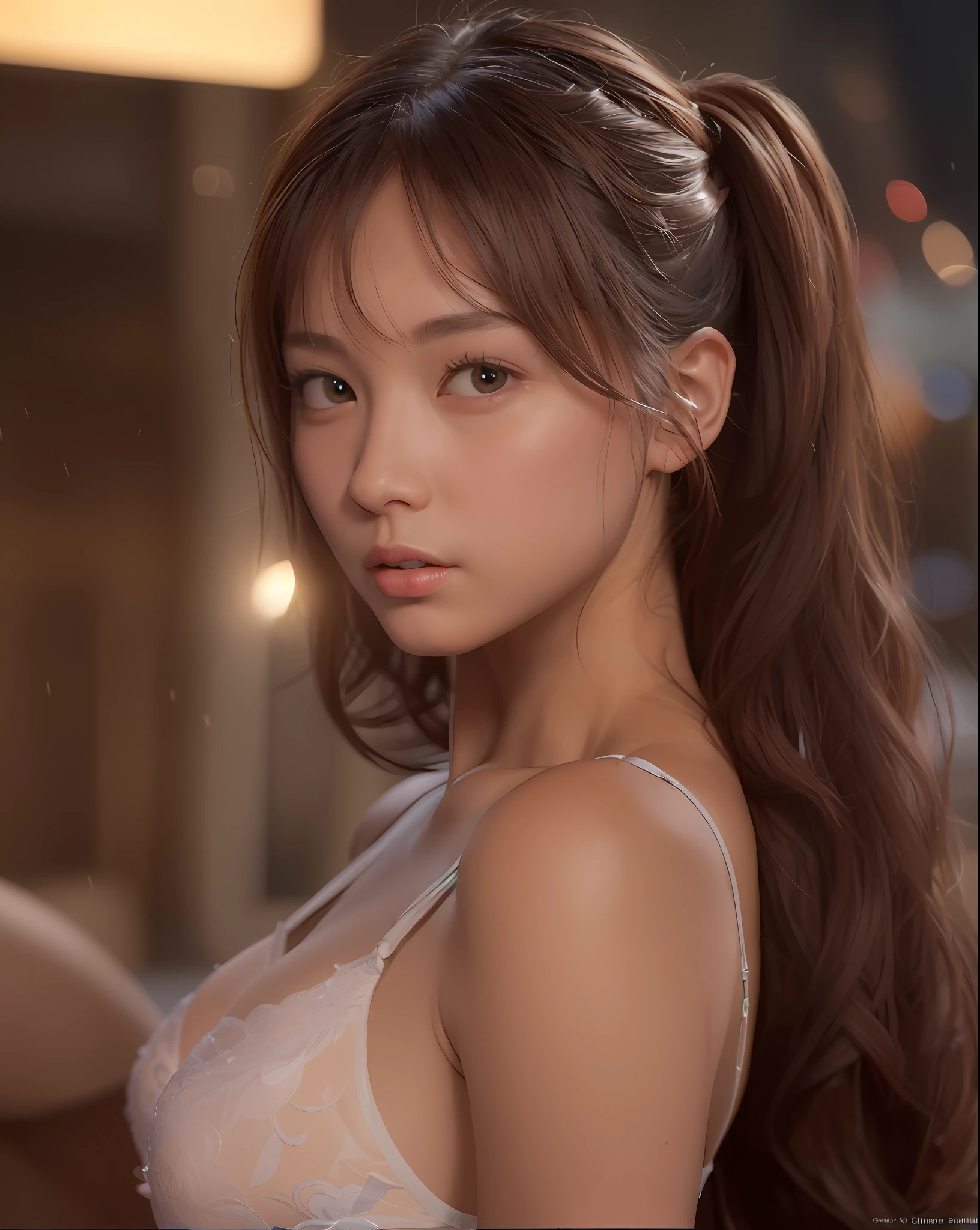((Realistic lighting, Best quality, 8K, Masterpiece: 1.3)), Clear focus: 1.2, 1girl, Perfect body beauty: 1.4, Slim abs: 1.1, ((Dark brown hair, Big breasts: 1.3)), (Wearing ultra-thin red lace underwear: 1.4, gray stockings: 1.2,), (Outdoor, night: 1.1), City streets, Super fine face, fine eyes, double eyelids, hands on the head, lying on the bed.