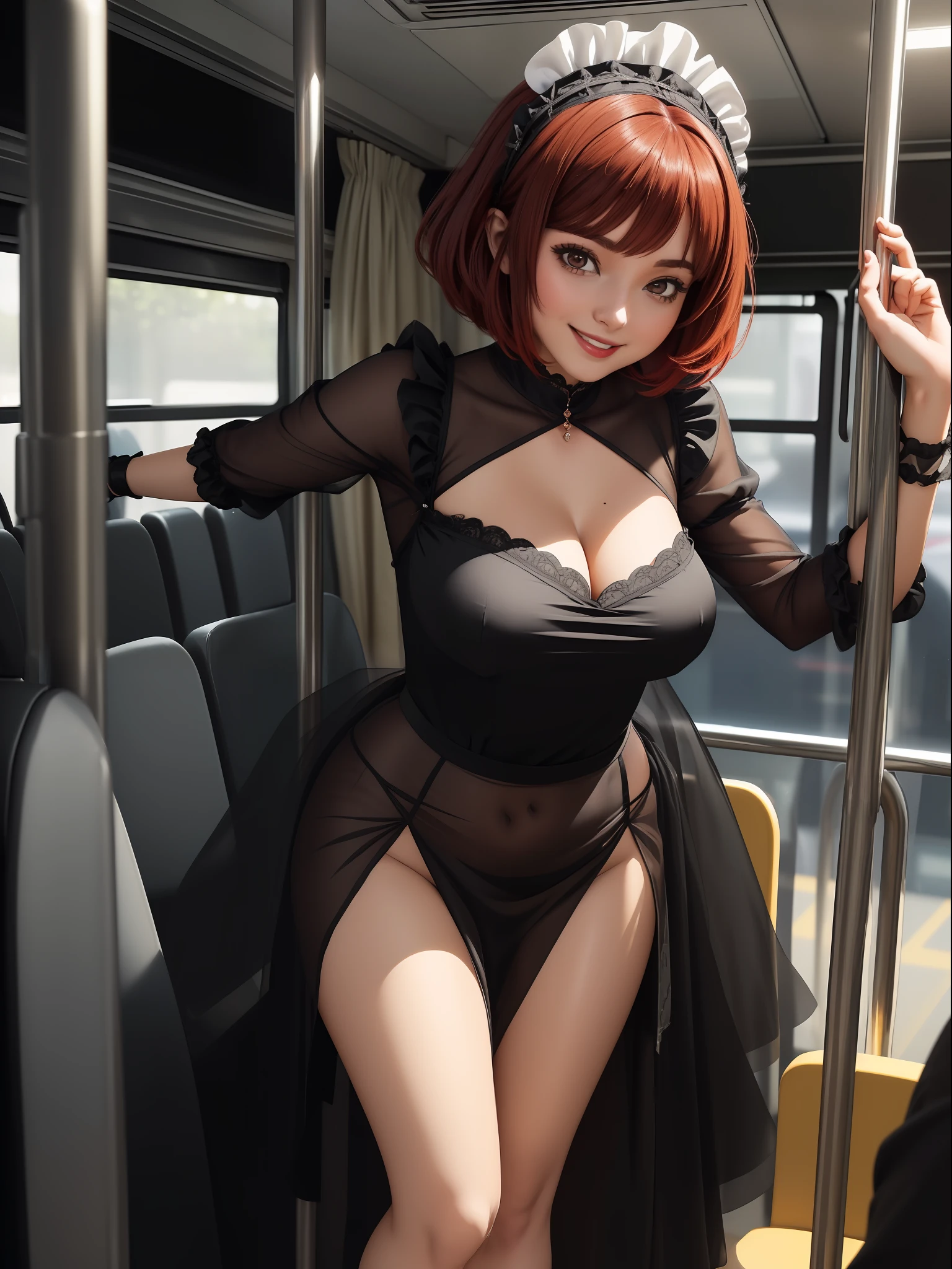 (Full body photo:1.5), (Laurana/Woman being squeezed by several men:1.5), (Big breasts:1.5), (She's wearing a maid's costume of transparent silk fabric in black without skirt/maid's headdress:1.5), (looking at the viewer/smiling:1.3), (She's on a bus with several men squeezing her body:1.5), (She has short red hair:1.3), (red eyes:1.3), (her costume is an extremely tight body:1.5), (doing sexy standing poses: 1.2), (award-winning, UHD, anime, high detail, 16k, high quality, masterpiece)