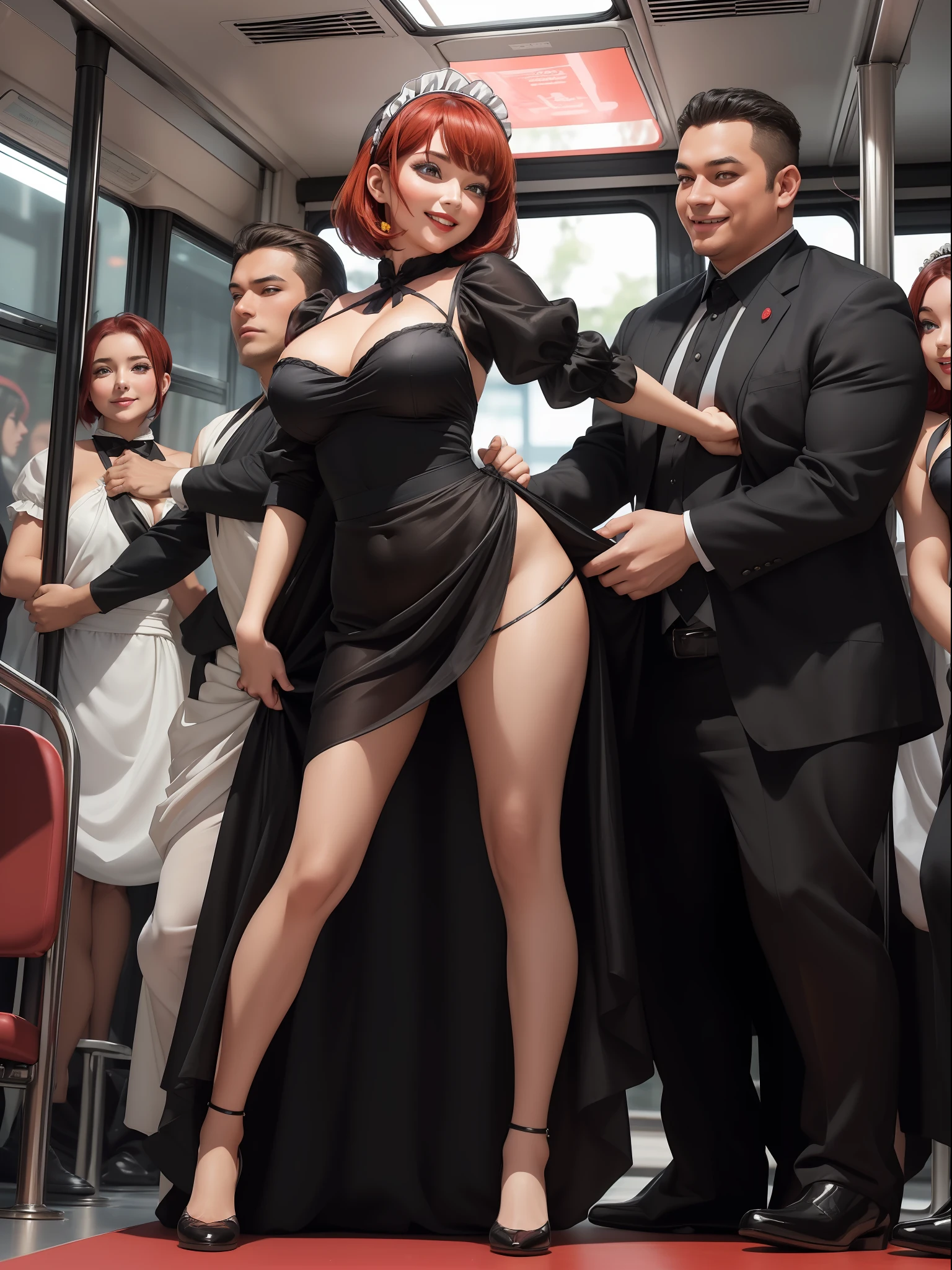 (Full body photo:1.5), (Laurana/Woman being squeezed by several men:1.5), (Big breasts:1.5), (She's wearing a maid's costume of transparent silk fabric in black without skirt/maid's headdress:1.5), (looking at the viewer/smiling:1.3), (She's on a bus with several men squeezing her body:1.5), (She has short red hair:1.3), (red eyes:1.3), (her costume is an extremely tight body:1.5), (doing sexy standing poses: 1.2), (award-winning, UHD, anime, high detail, 16k, high quality, masterpiece)