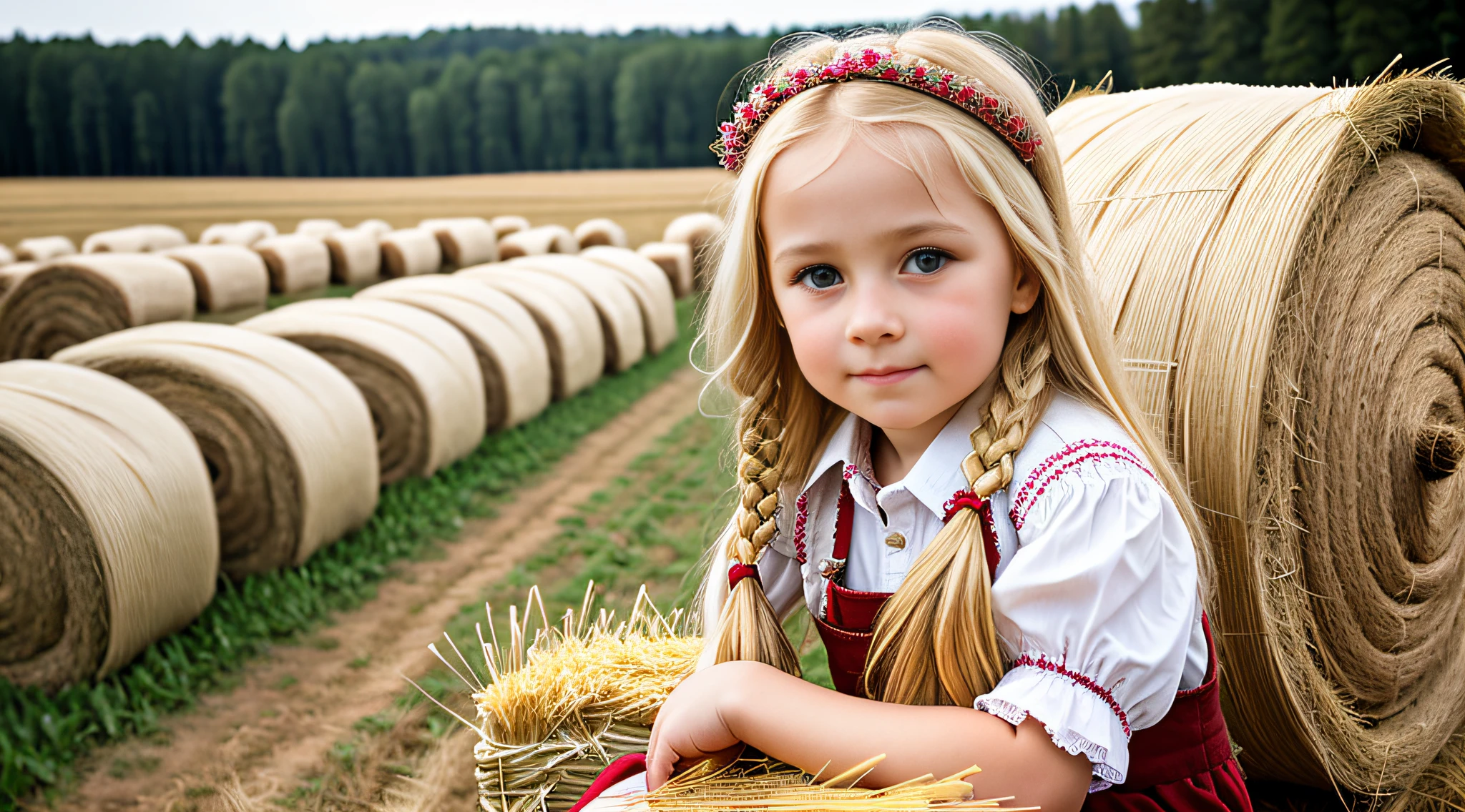 Russian style,  girl, portrait, long blonde hair, farmer style, with hay and wheat rolls.