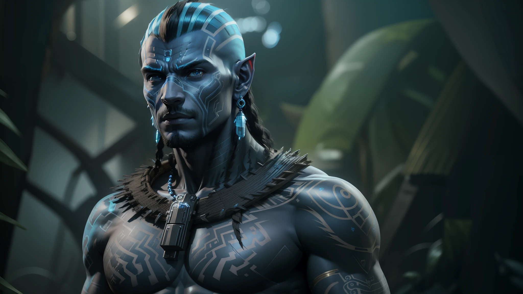 a close up of a man with tattoos on his chest, movie still of aztec cyborg, blue face unreal engine, avatar ( 2 0 0 9 ), unreal engine character art, cgsociety 4k”, djinn human hybrid, highly detailed vfx portrait of, james cameron avatar style, the best on cgsociety, cgsociety 4 k uhd --auto --s2