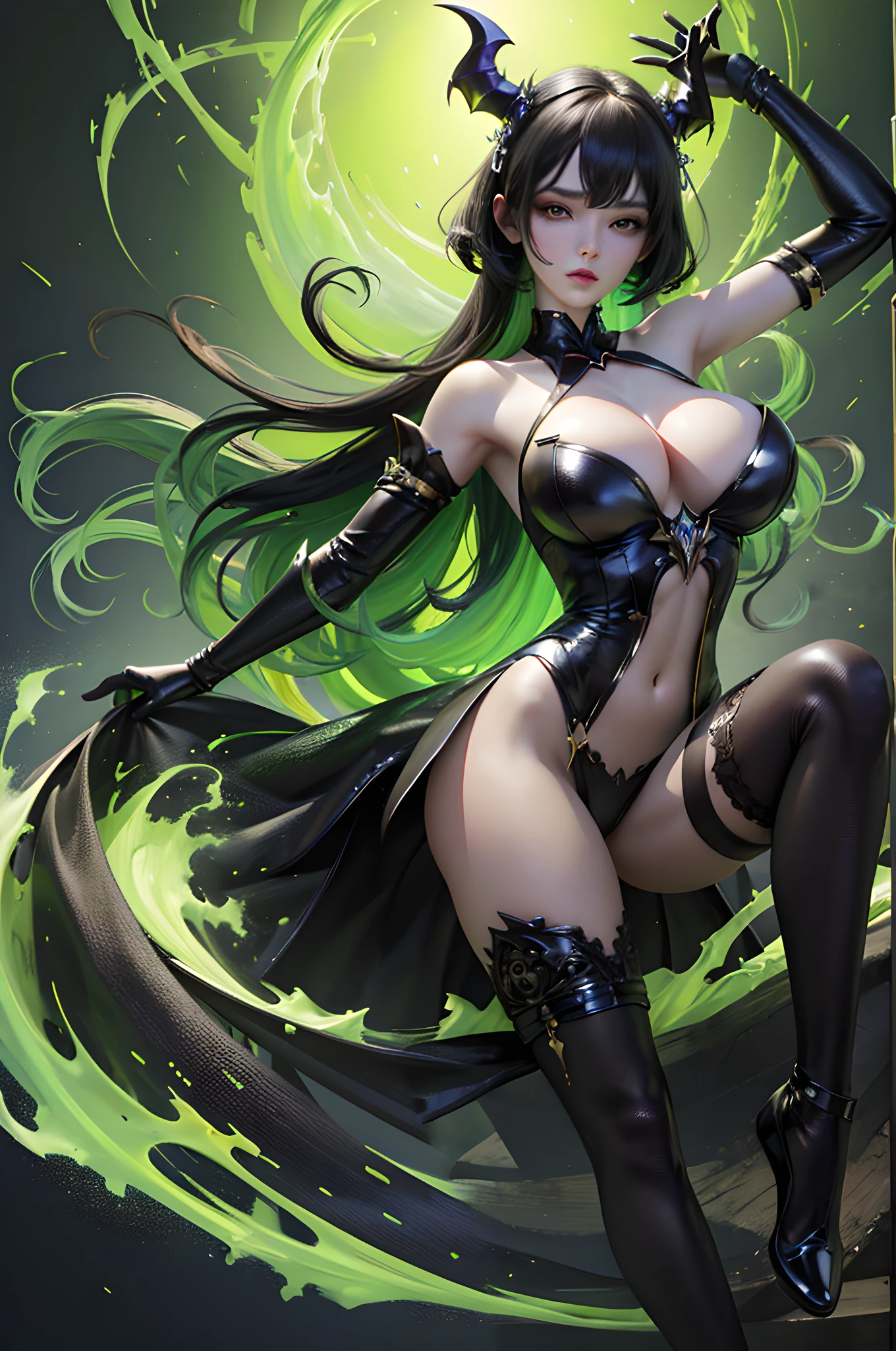 Best quality, masterpiece, highly detailed, Sexy female demon, black background, green energy magic, greenglowing eyes, bright glow, pale skin, dynamic pose, kawaii, fit build, gorgeous perfect face, in the style of realistic and hyper detailed renderings, zbrush, hyper realistic oil, contoured shading, dark scene, darkness, cleavage, huge breasts, slim waist, solo, fullbody,