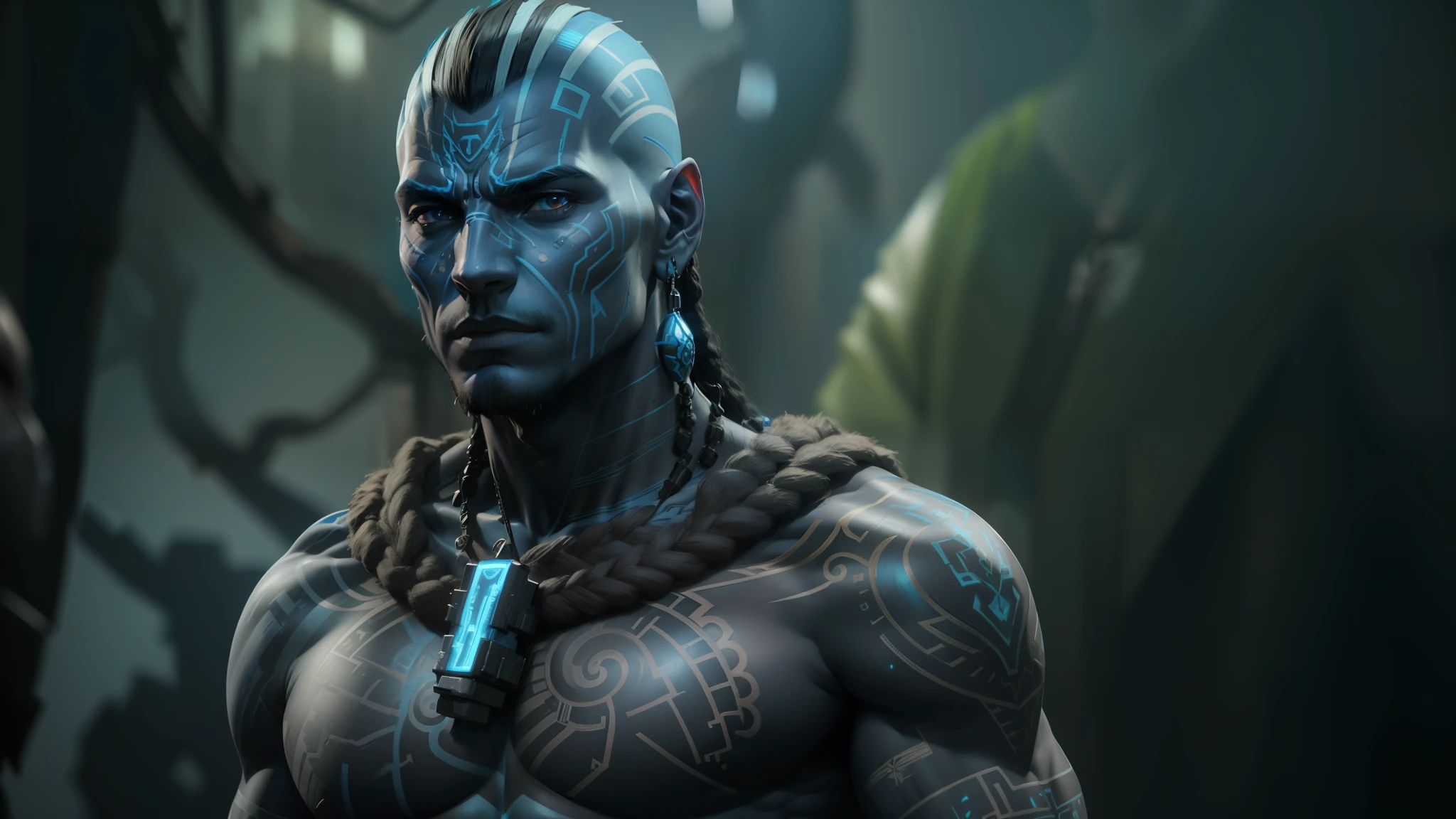 a close up of a man with tattoos on his chest, movie still of aztec cyborg, blue face unreal engine, avatar ( 2 0 0 9 ), unreal engine character art, cgsociety 4k”, djinn human hybrid, highly detailed vfx portrait of, james cameron avatar style, the best on cgsociety, cgsociety 4 k uhd --auto --s2