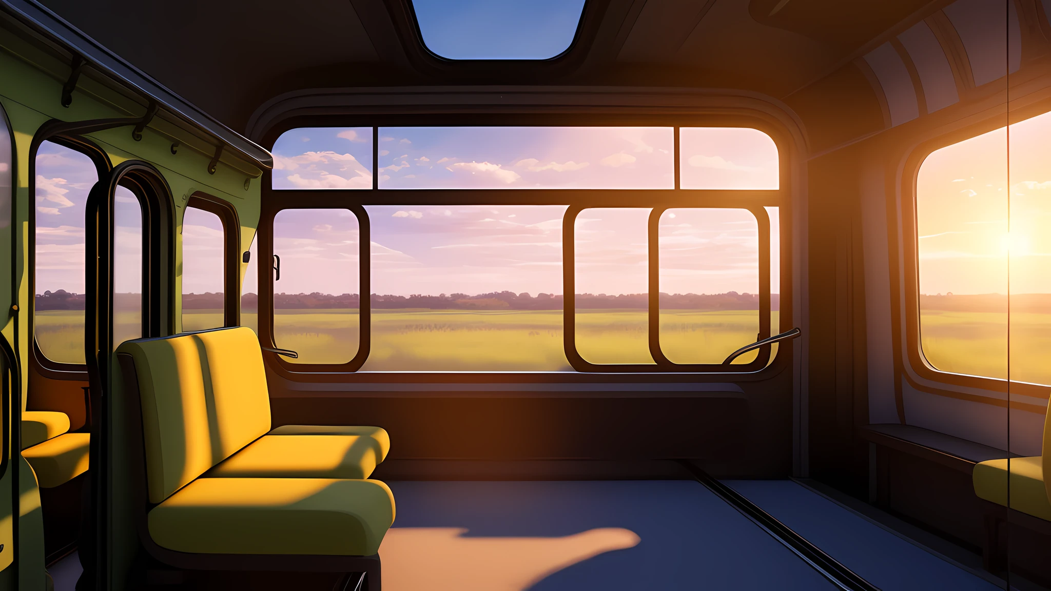 There is view of train carriage with window and bench, interior background, large open window, train window, train interior, sunset view, Savannah background, adventure surreal rendering, large window, facing the horizon, large window, rendering in Lumion Pro, wide window, look outside, blender made daylight, savanna, anime movie background