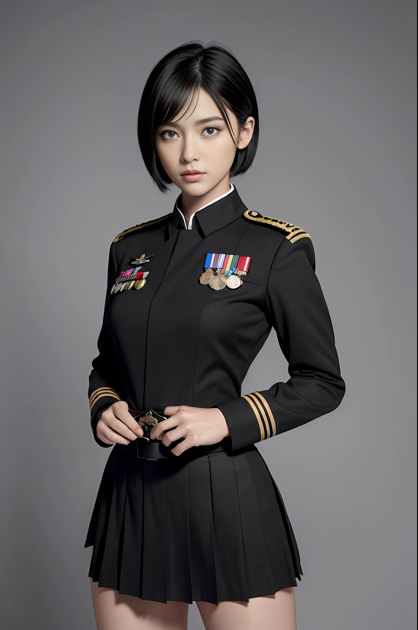 (highest resolution, distinct_image), highest quality, masterpiece, highly detailed, semi-realistic, beautiful woman of 20 years old, woman with short black hair, beautiful face, beautiful eyes, triple bangs, black uniform, black pleated skirt, military uniform, uniform, airbase, tarmac, fighter, air force, bomber